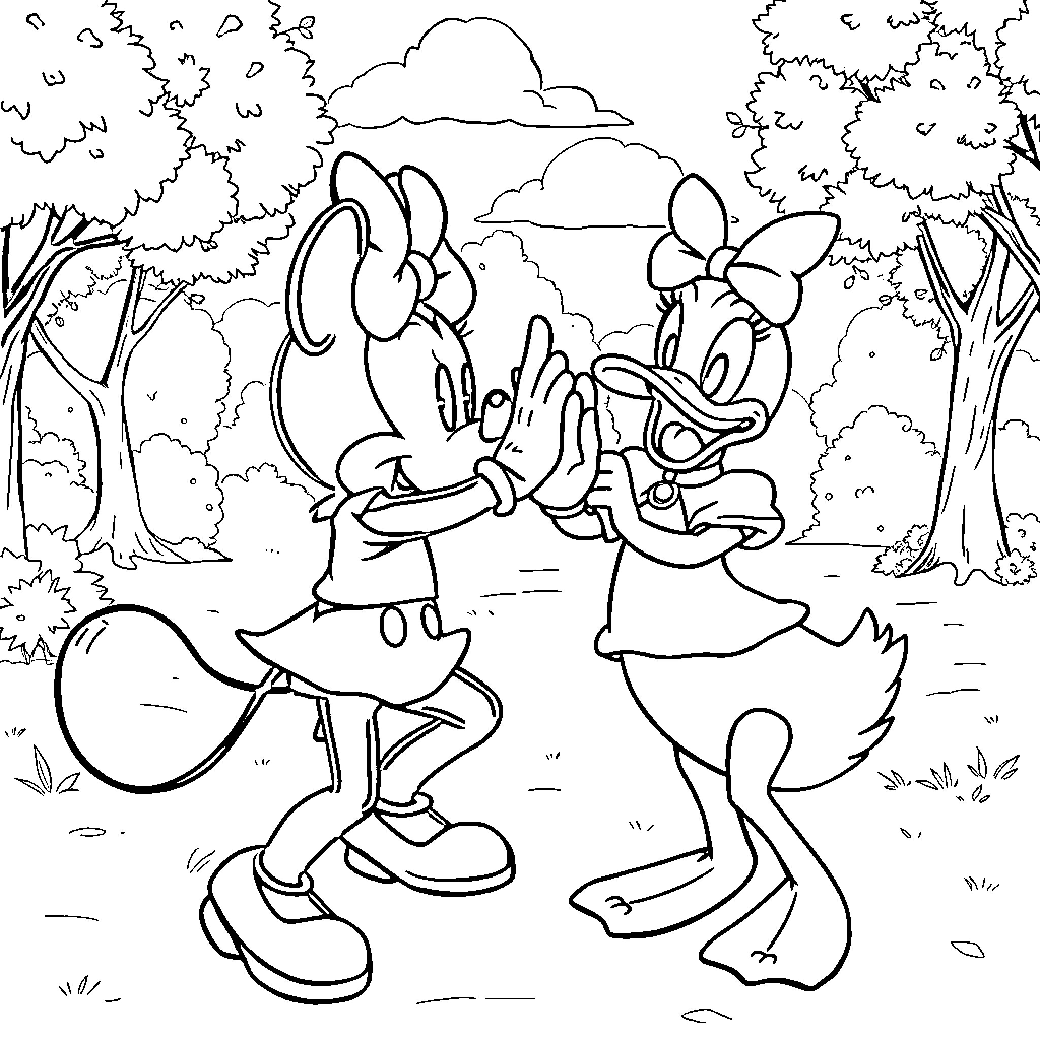 Minnie Mouse and friend exploring the forest Coloring Page (free black-and-white line drawing printable PDF for all, from beginners to advanced learners, including children, teens, adults, and seniors)
