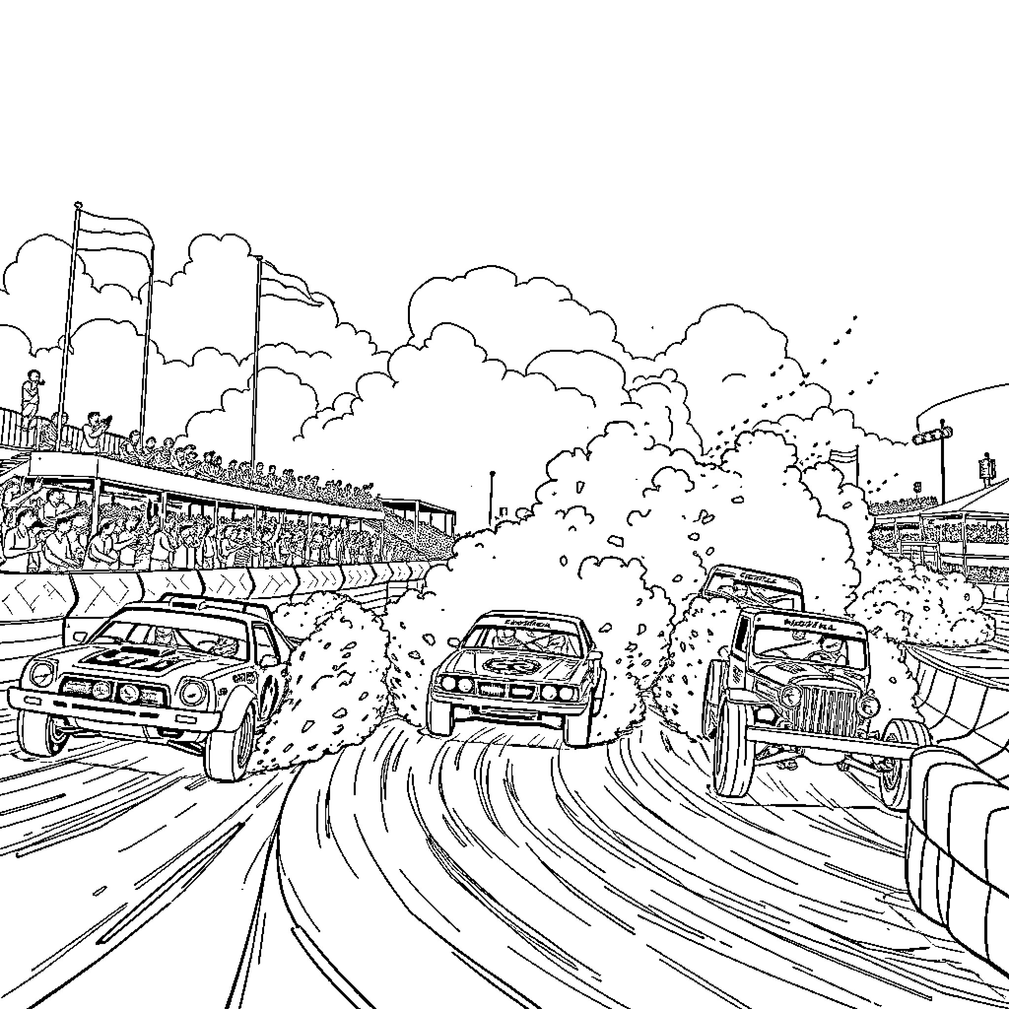 Dirt Track Racing with Speeding Vehicles and Clouds Coloring Page (free black-and-white line drawing printable PDF for all, from beginners to advanced learners, including children, teens, adults, and seniors)