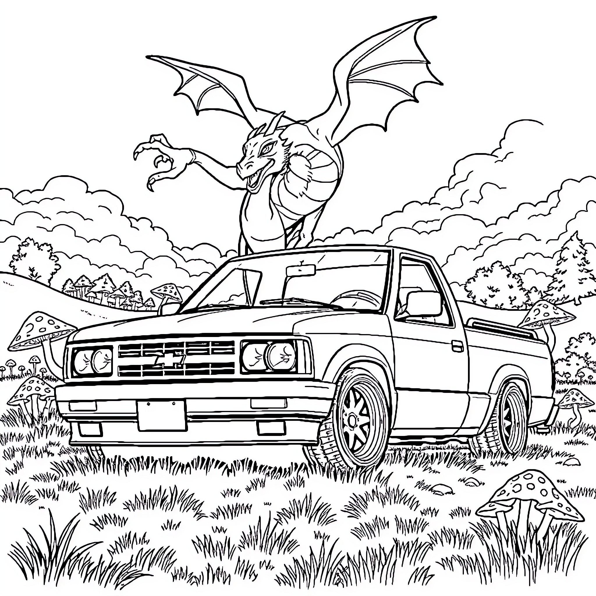 Chevy S10 truck confronted by dragon in rural landscape Coloring Page (free black-and-white line drawing printable PDF for all, from beginners to advanced learners, including children, teens, adults, and seniors)