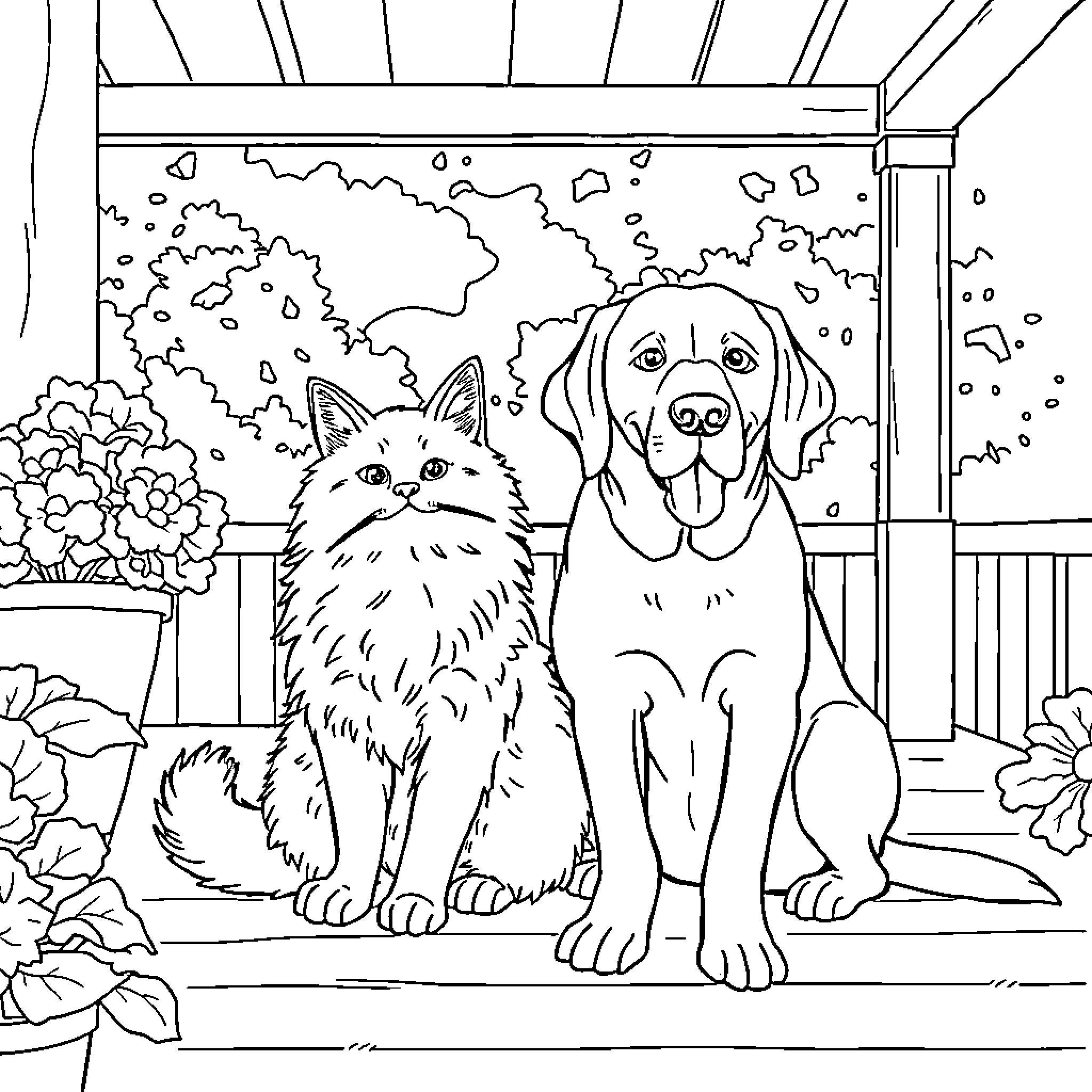 Cat and Dog on Porch with Flowers Coloring Page (free black-and-white line drawing printable PDF for all, from beginners to advanced learners, including children, teens, adults, and seniors)