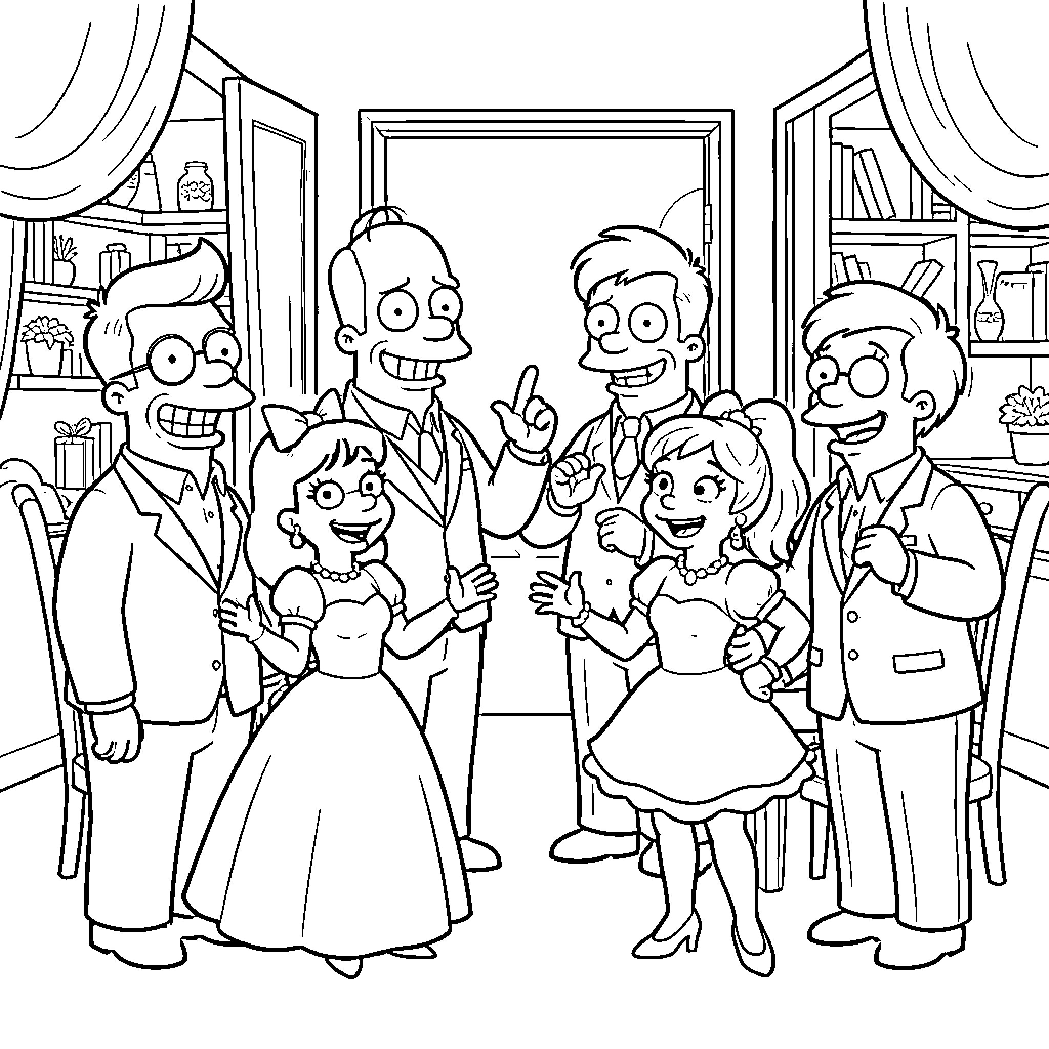 Simpsons characters smiling and posing together in a room Coloring Page (free black-and-white line drawing printable PDF for all, from beginners to advanced learners, including children, teens, adults, and seniors)