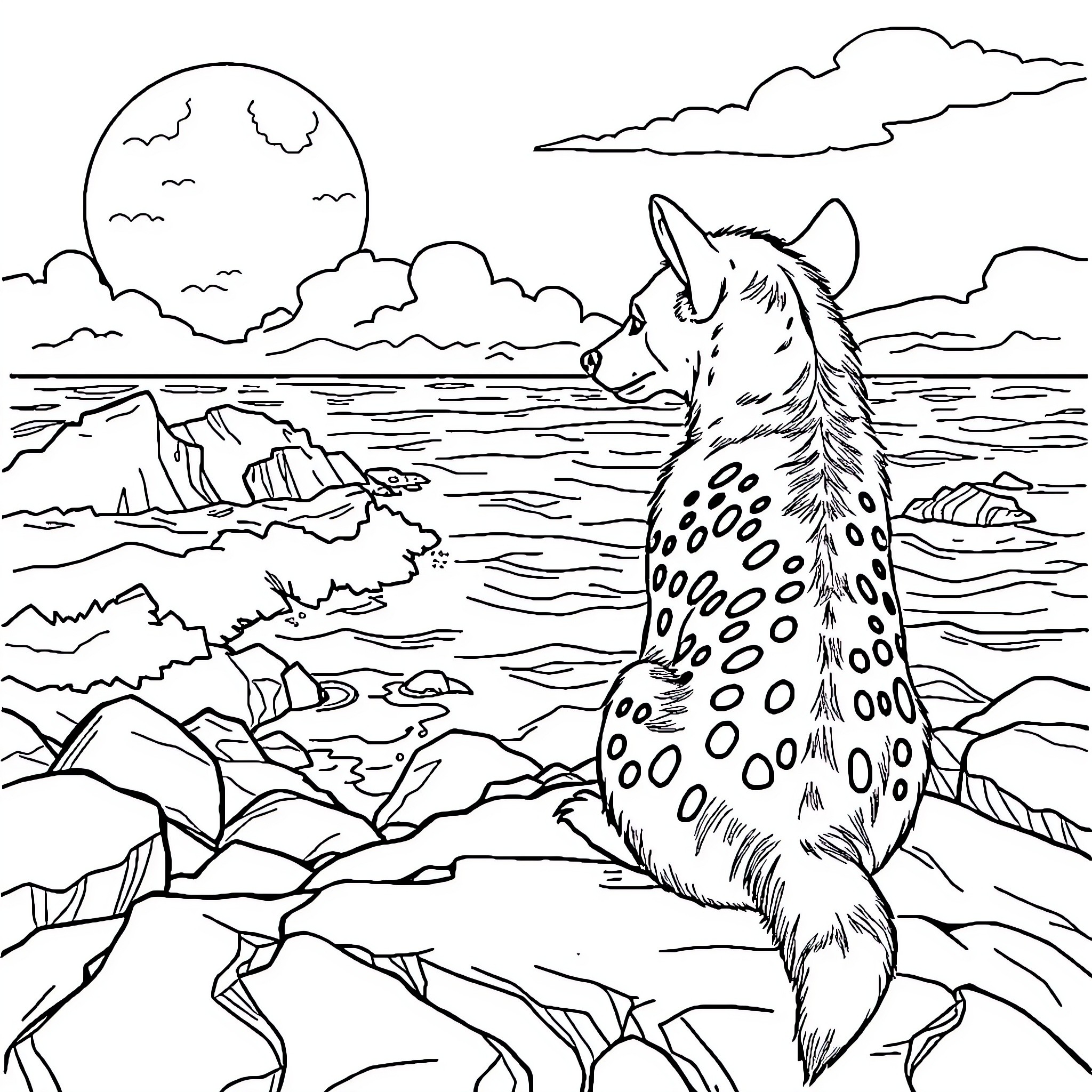 Hyena observing the tranquil coastal landscape Coloring Page (free black-and-white line drawing printable PDF for all, from beginners to advanced learners, including children, teens, adults, and seniors)