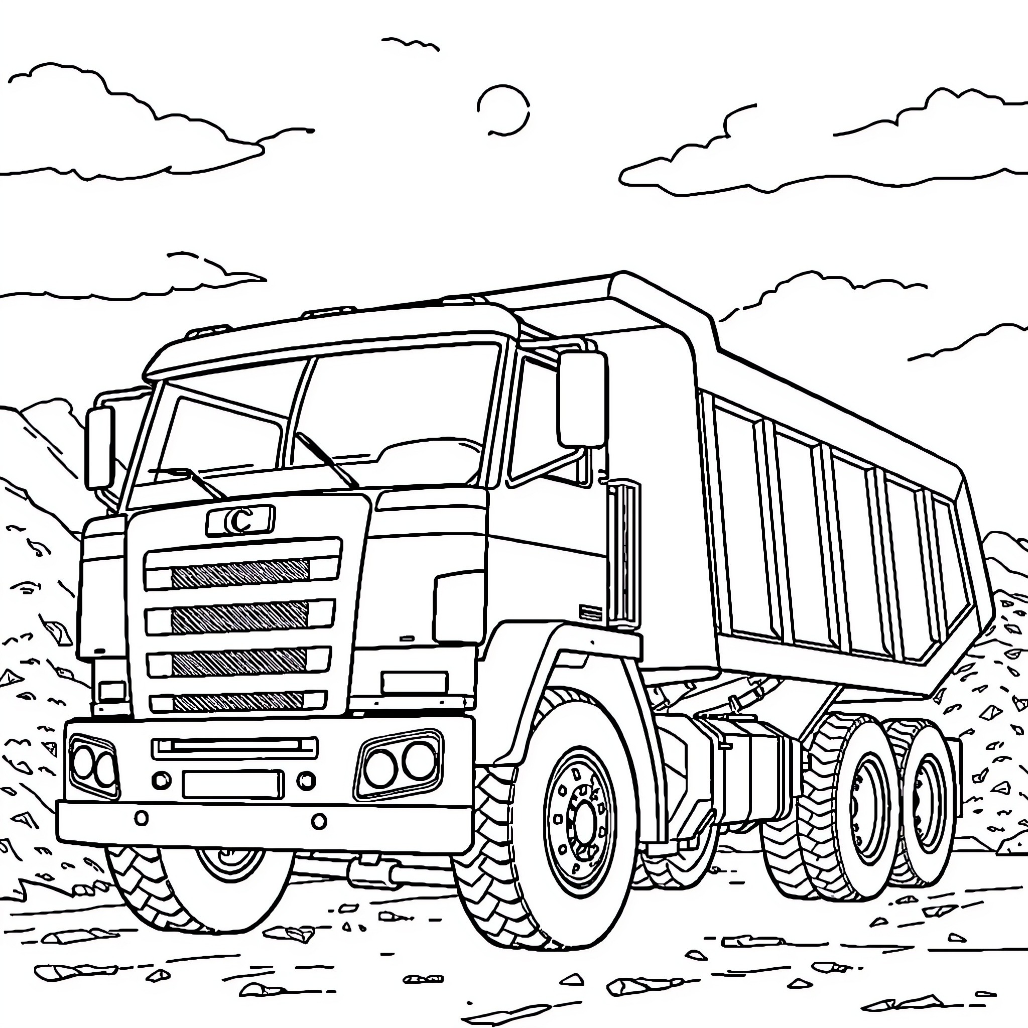 Dump Truck Transporting Load Through Rugged Terrain Coloring Page (free black-and-white line drawing printable PDF for all, from beginners to advanced learners, including children, teens, adults, and seniors)