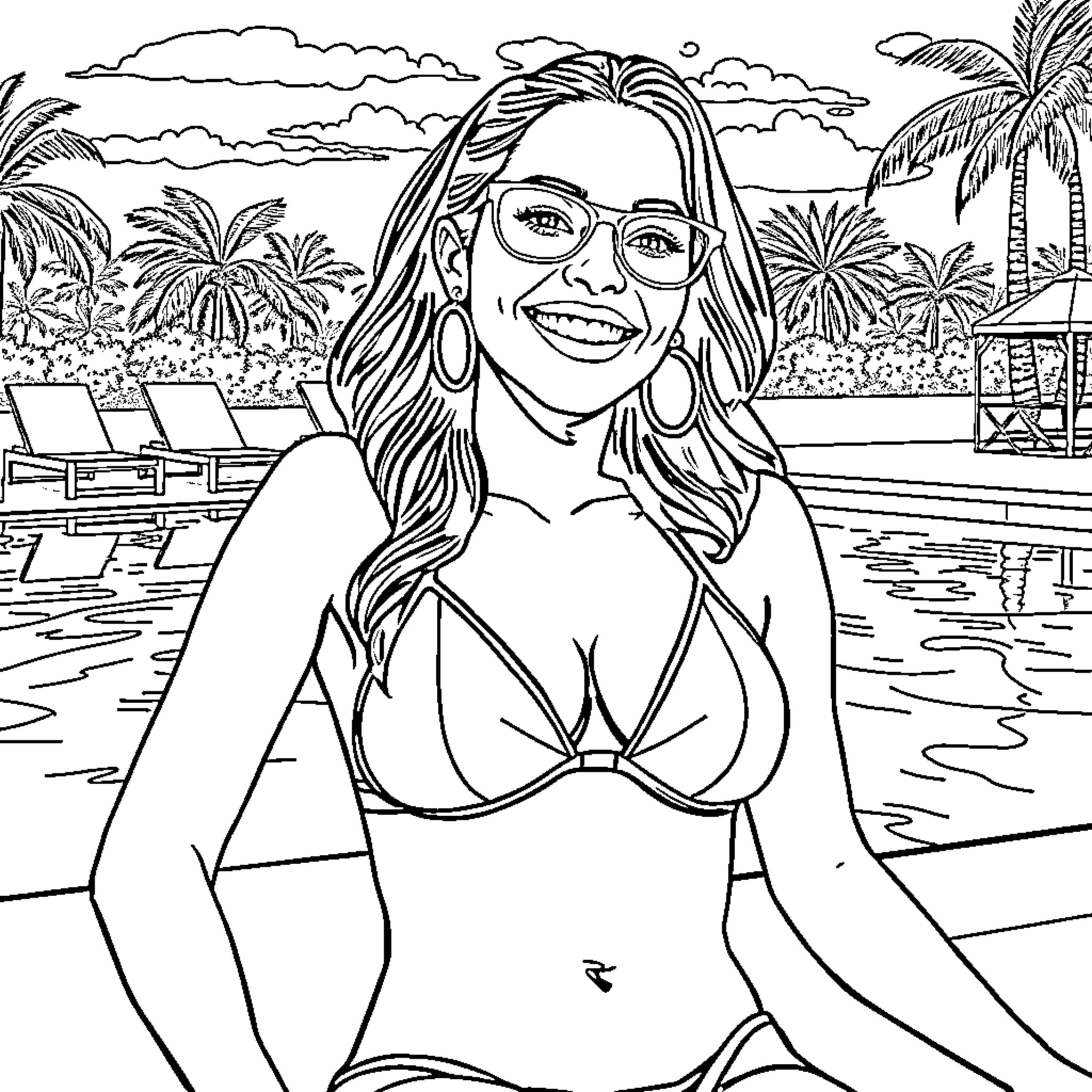 Jenna Ortega enjoying a tropical vacation Coloring Page (free black-and-white line drawing printable PDF for all, from beginners to advanced learners, including children, teens, adults, and seniors)