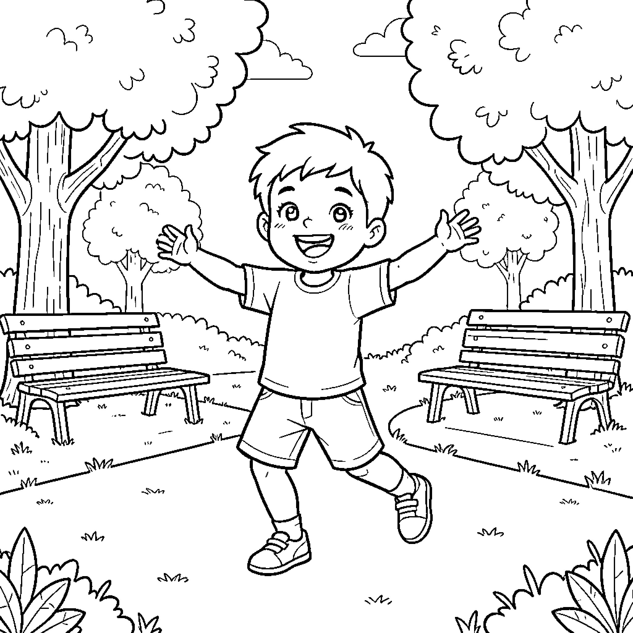 Child joyfully exploring nature in park Coloring Page (free black-and-white line drawing printable PDF for all, from beginners to advanced learners, including children, teens, adults, and seniors)