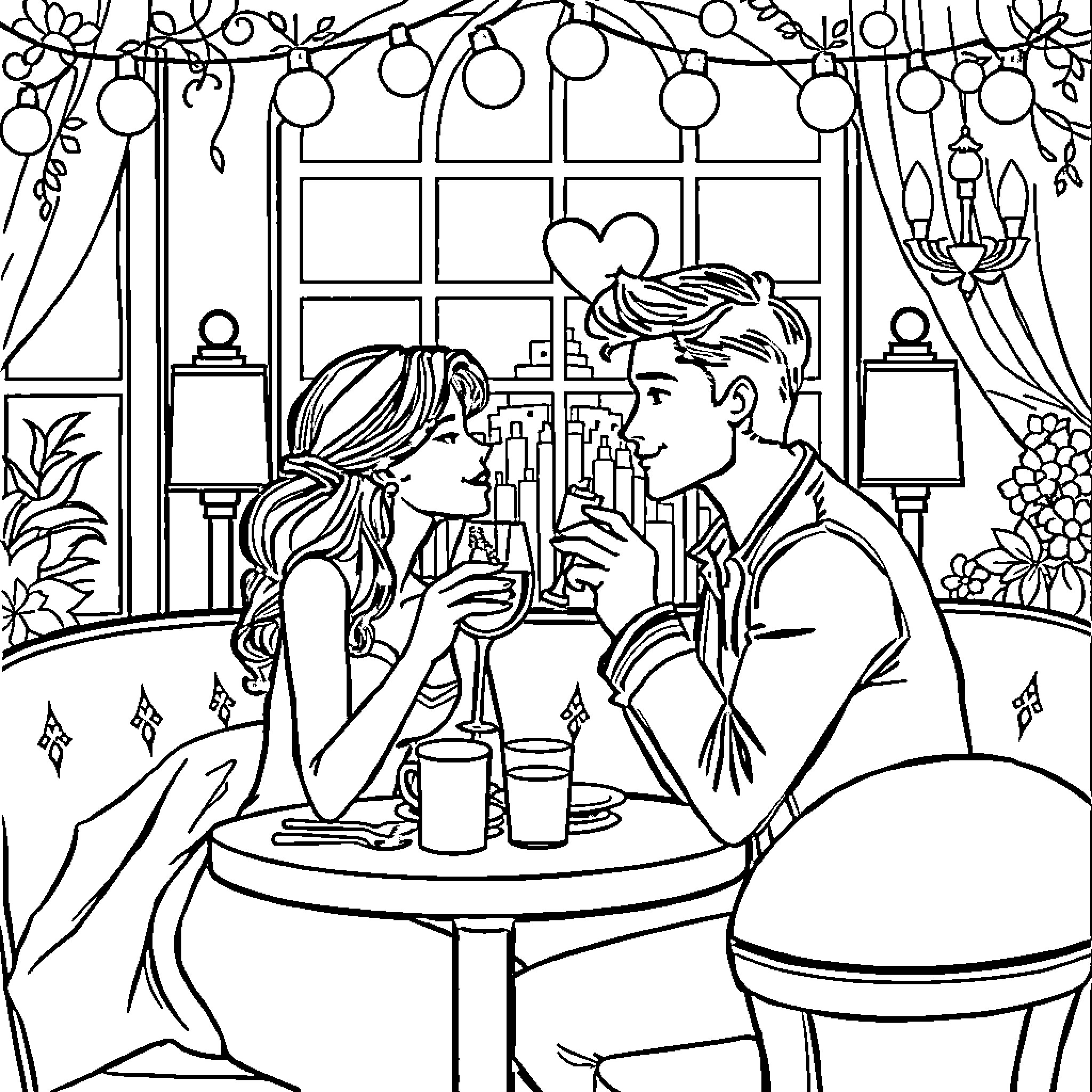 Date Night in a Cozy Cafe Coloring Page (free black-and-white line drawing printable PDF for all, from beginners to advanced learners, including children, teens, adults, and seniors)