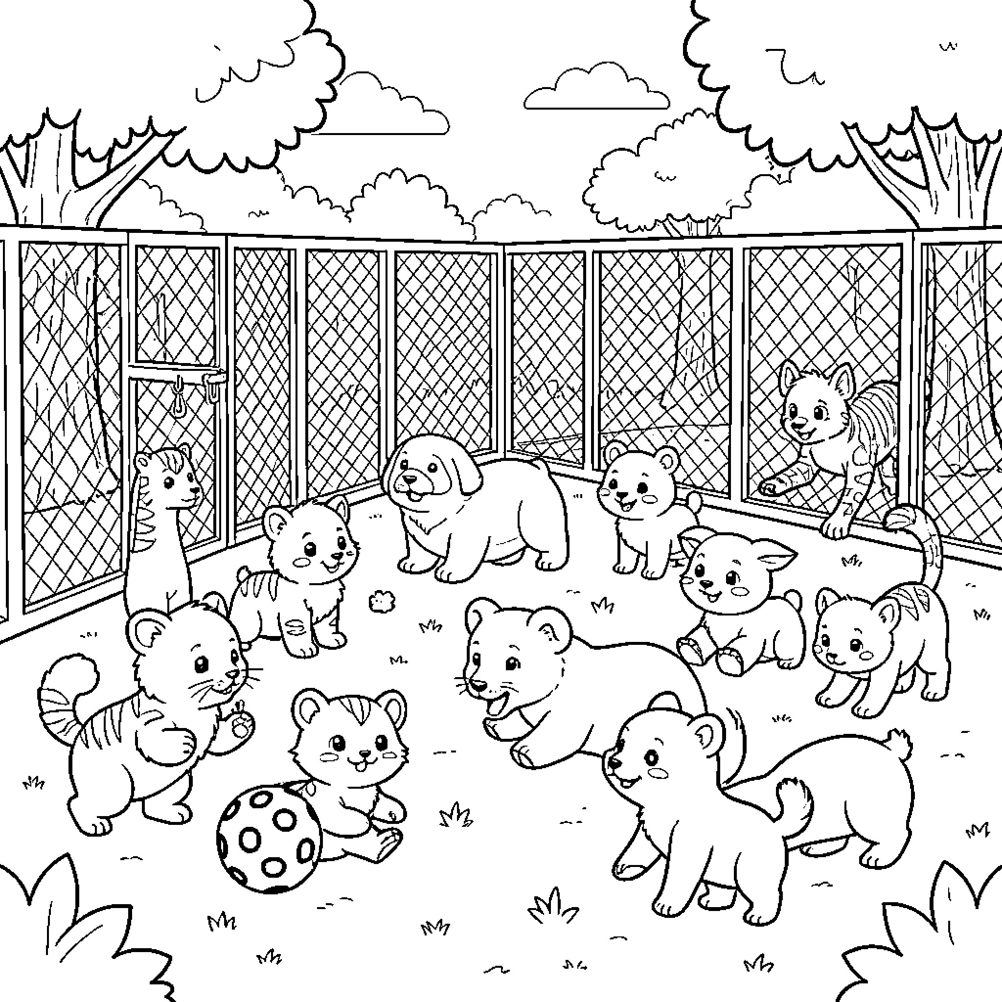 Animal friends playing together in a fenced yard Coloring Page (free black-and-white line drawing printable PDF for all, from beginners to advanced learners, including children, teens, adults, and seniors)