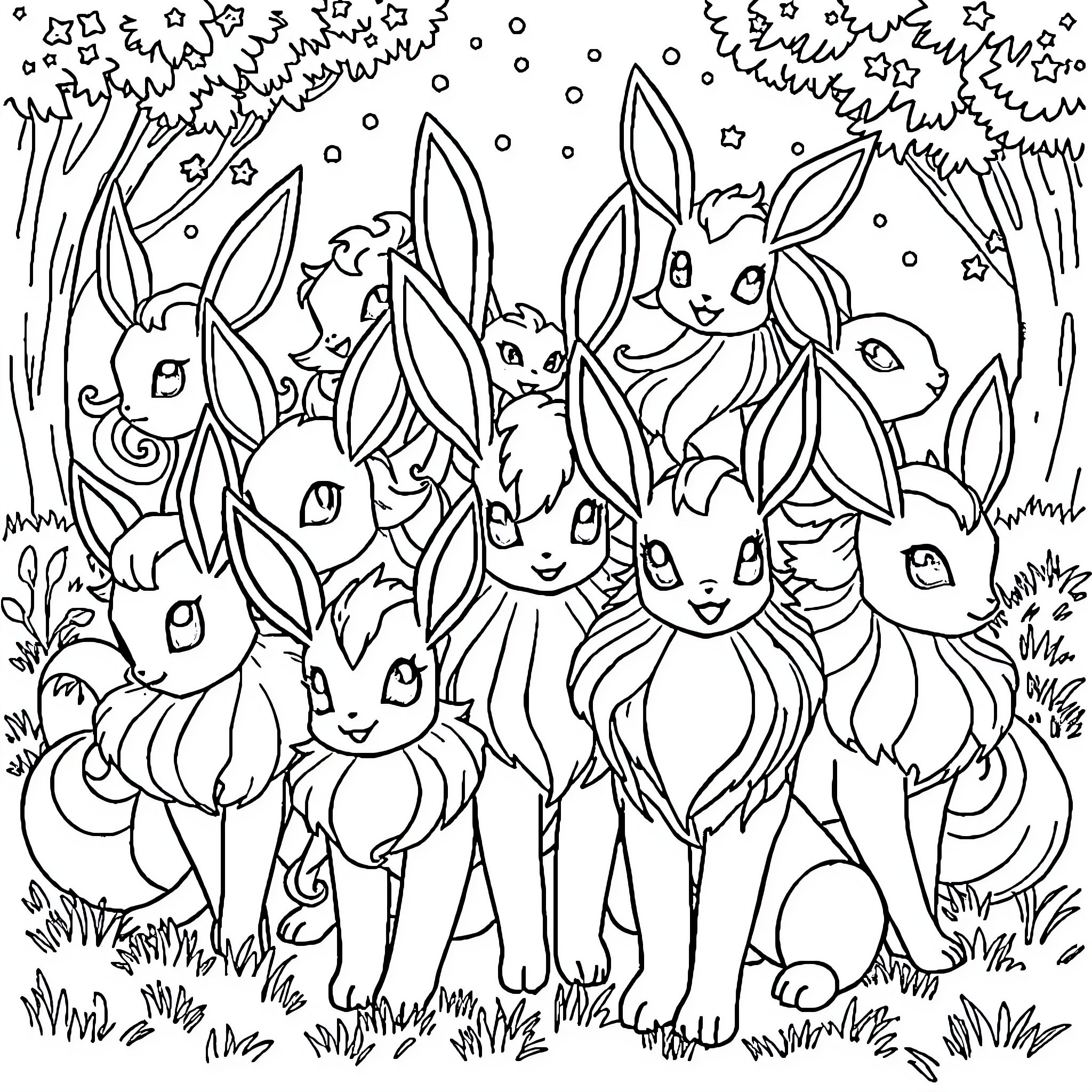 Eevee and friends playing together in the forest Coloring Page (free black-and-white line drawing printable PDF for all, from beginners to advanced learners, including children, teens, adults, and seniors)