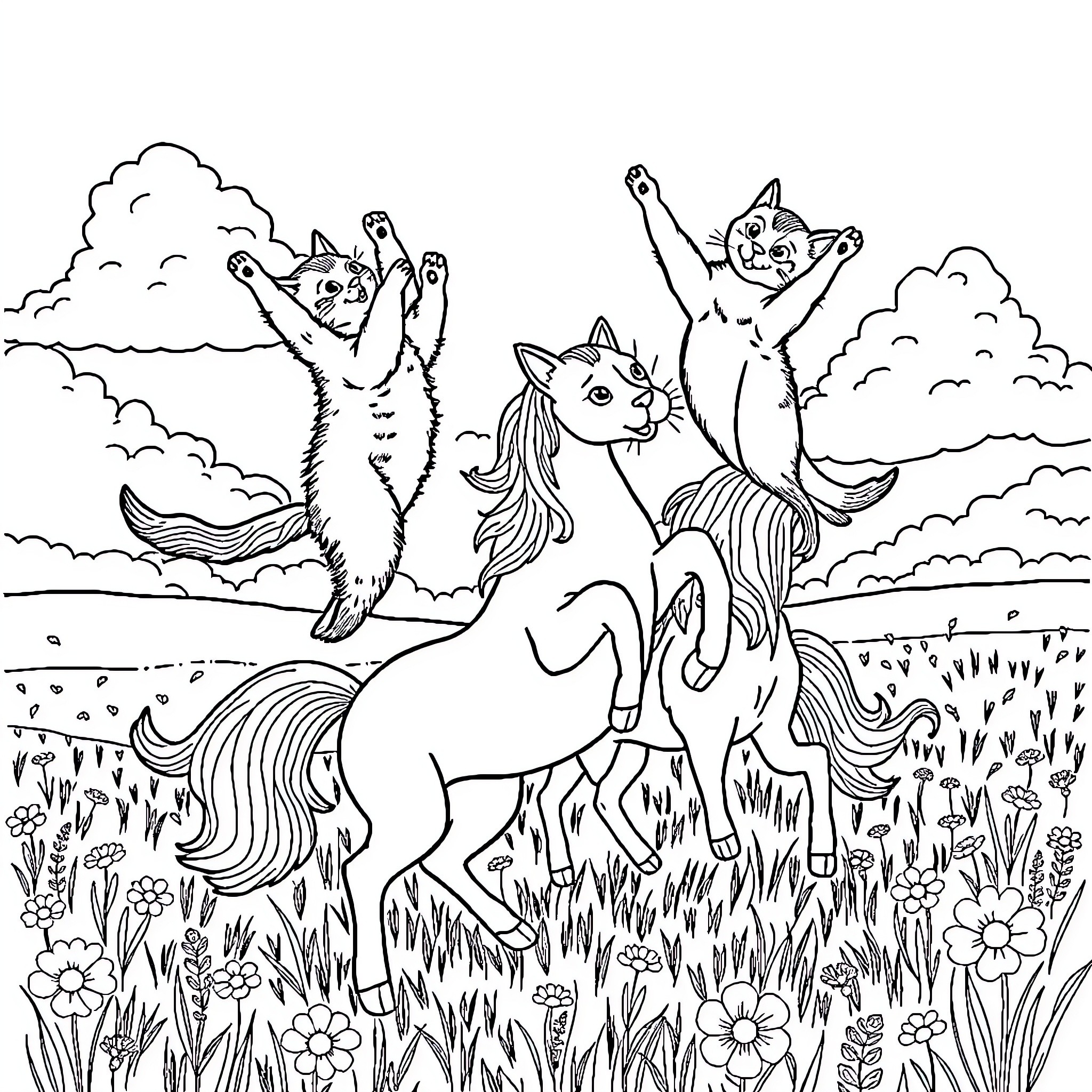 Cats frolicking joyfully in a meadow Coloring Page (free black-and-white line drawing printable PDF for all, from beginners to advanced learners, including children, teens, adults, and seniors)