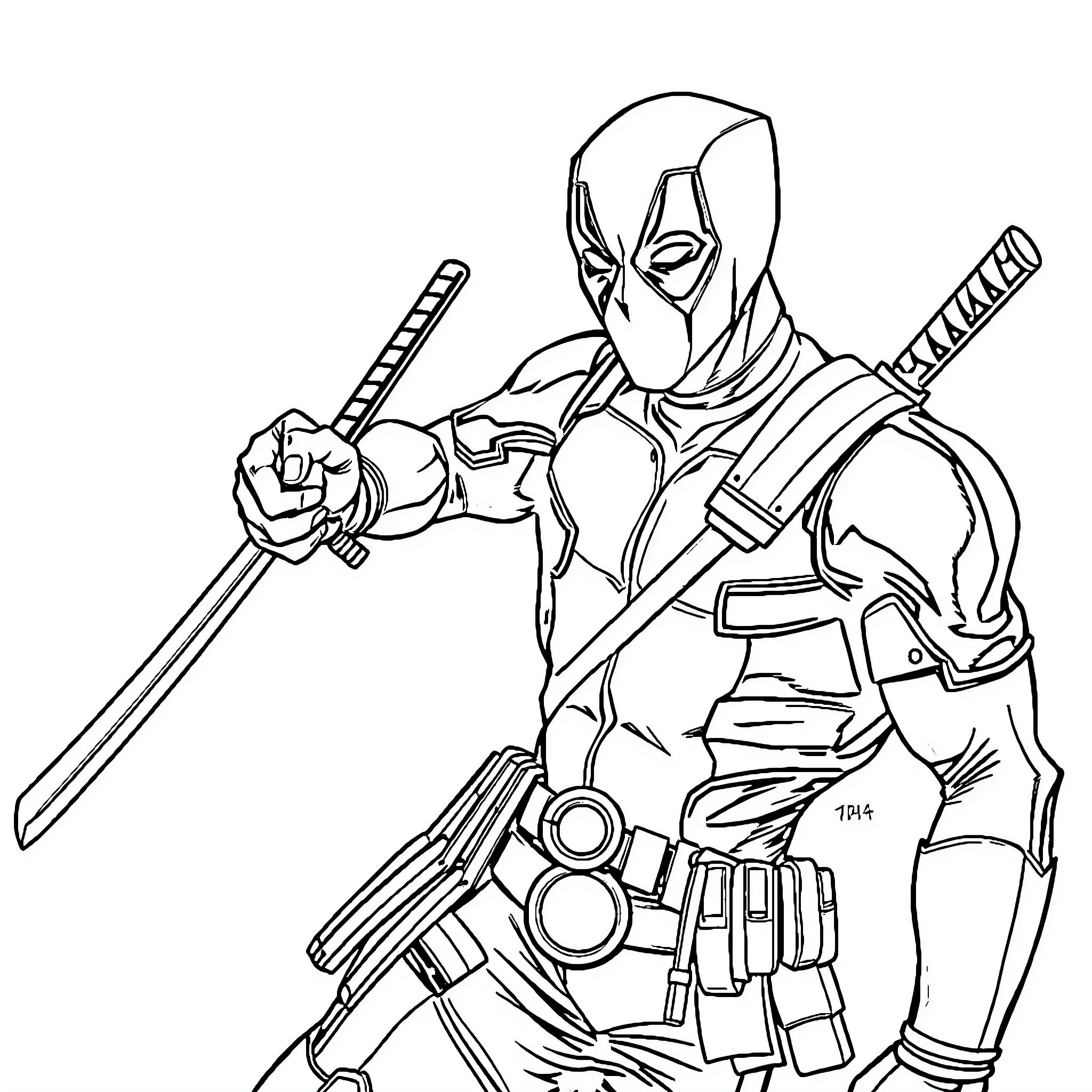 Deadpool wielding swords in action stance Coloring Page (free black-and-white line drawing printable PDF for all, from beginners to advanced learners, including children, teens, adults, and seniors)
