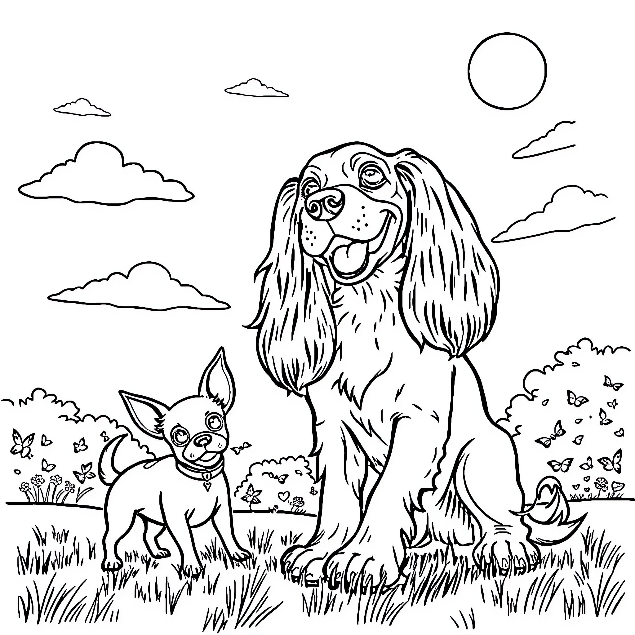 Dog and puppy playing in a field with butterflies Coloring Page (free black-and-white line drawing printable PDF for all, from beginners to advanced learners, including children, teens, adults, and seniors)