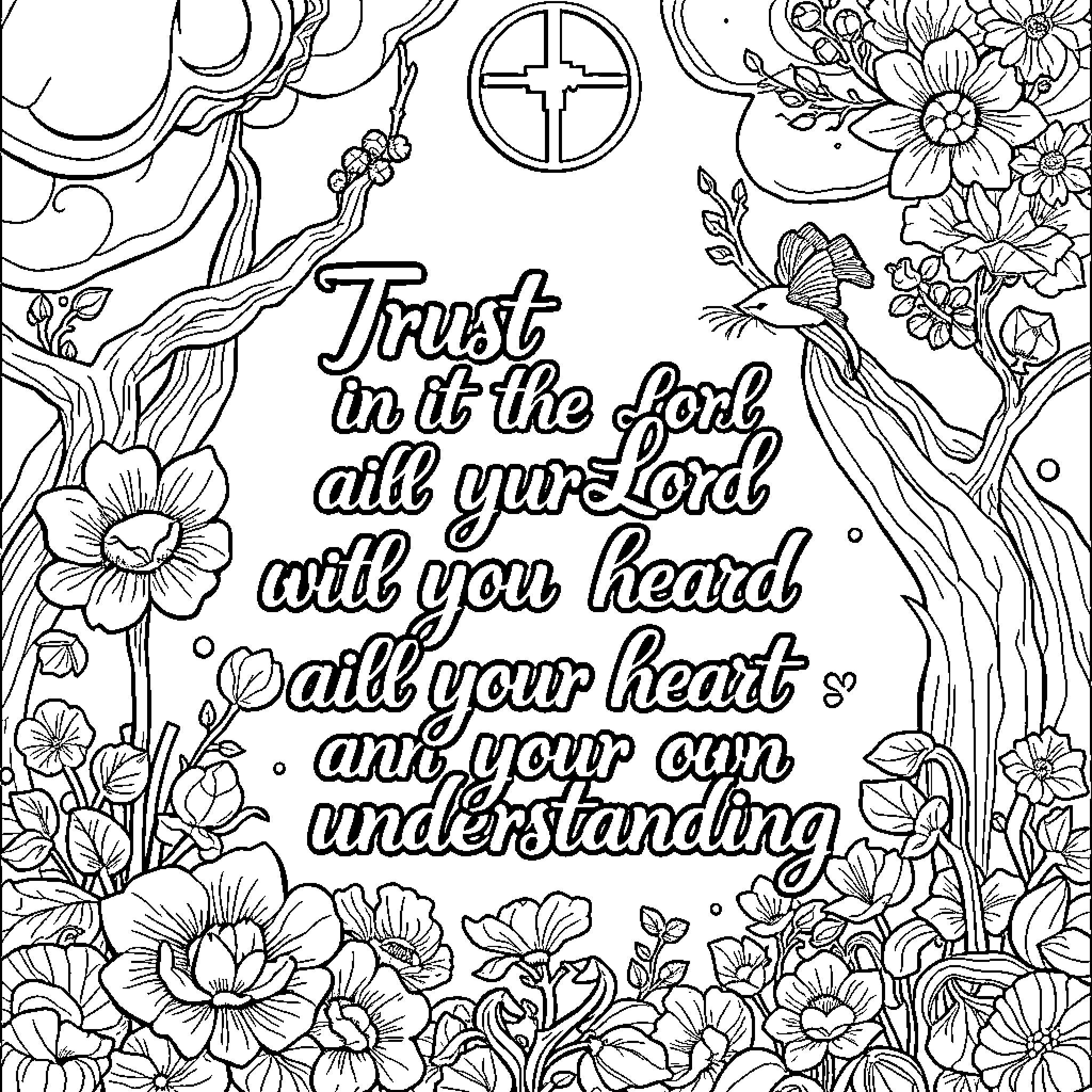 Scripture: Floral design with inspirational text Coloring Page (free black-and-white line drawing printable PDF for all, from beginners to advanced learners, including children, teens, adults, and seniors)