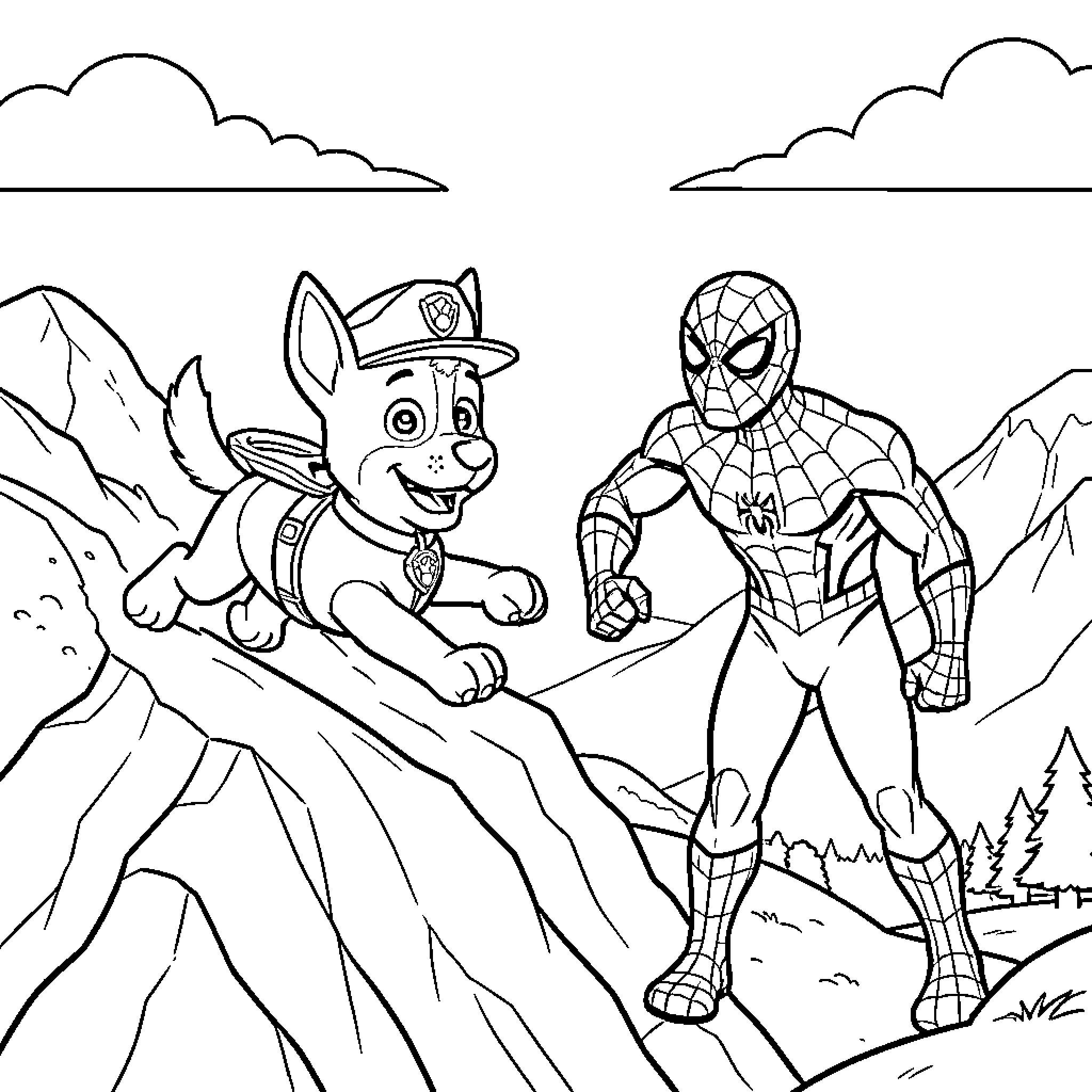 Chase meeting Spider-Man on a rocky mountain side Coloring Page (free black-and-white line drawing printable PDF for all, from beginners to advanced learners, including children, teens, adults, and seniors)