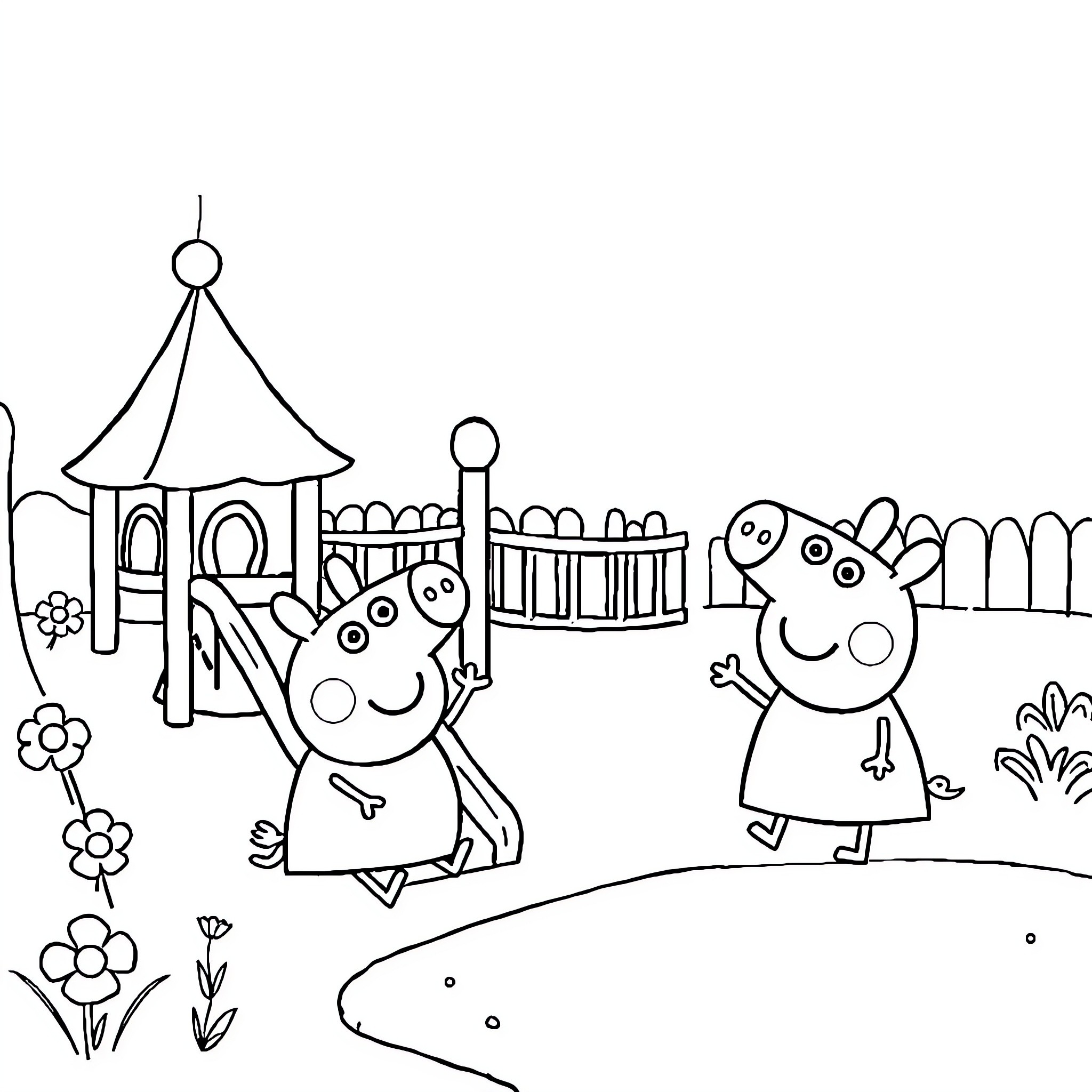 Peppa Pig and friends enjoy playground equipment Coloring Page (free black-and-white line drawing printable PDF for all, from beginners to advanced learners, including children, teens, adults, and seniors)