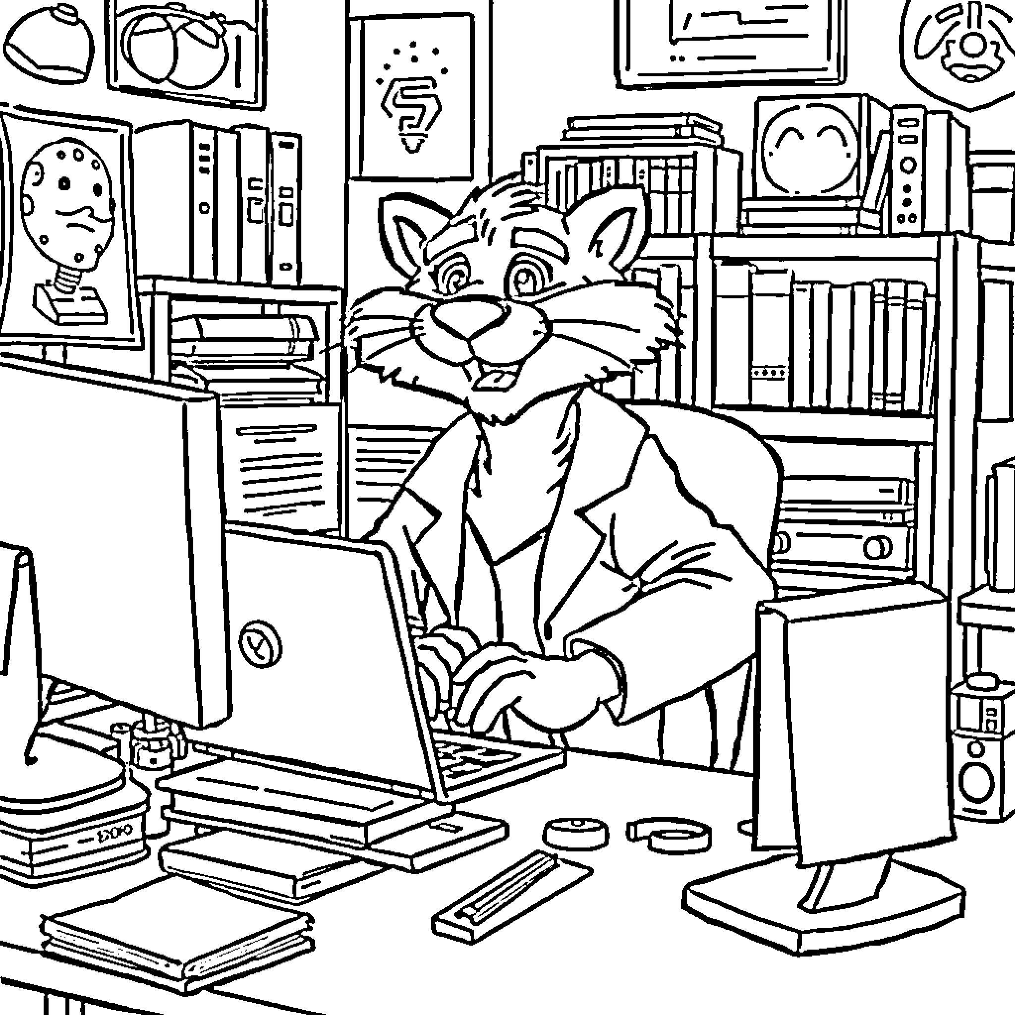 Cougar working diligently in cluttered home office Coloring Page (free black-and-white line drawing printable PDF for all, from beginners to advanced learners, including children, teens, adults, and seniors)