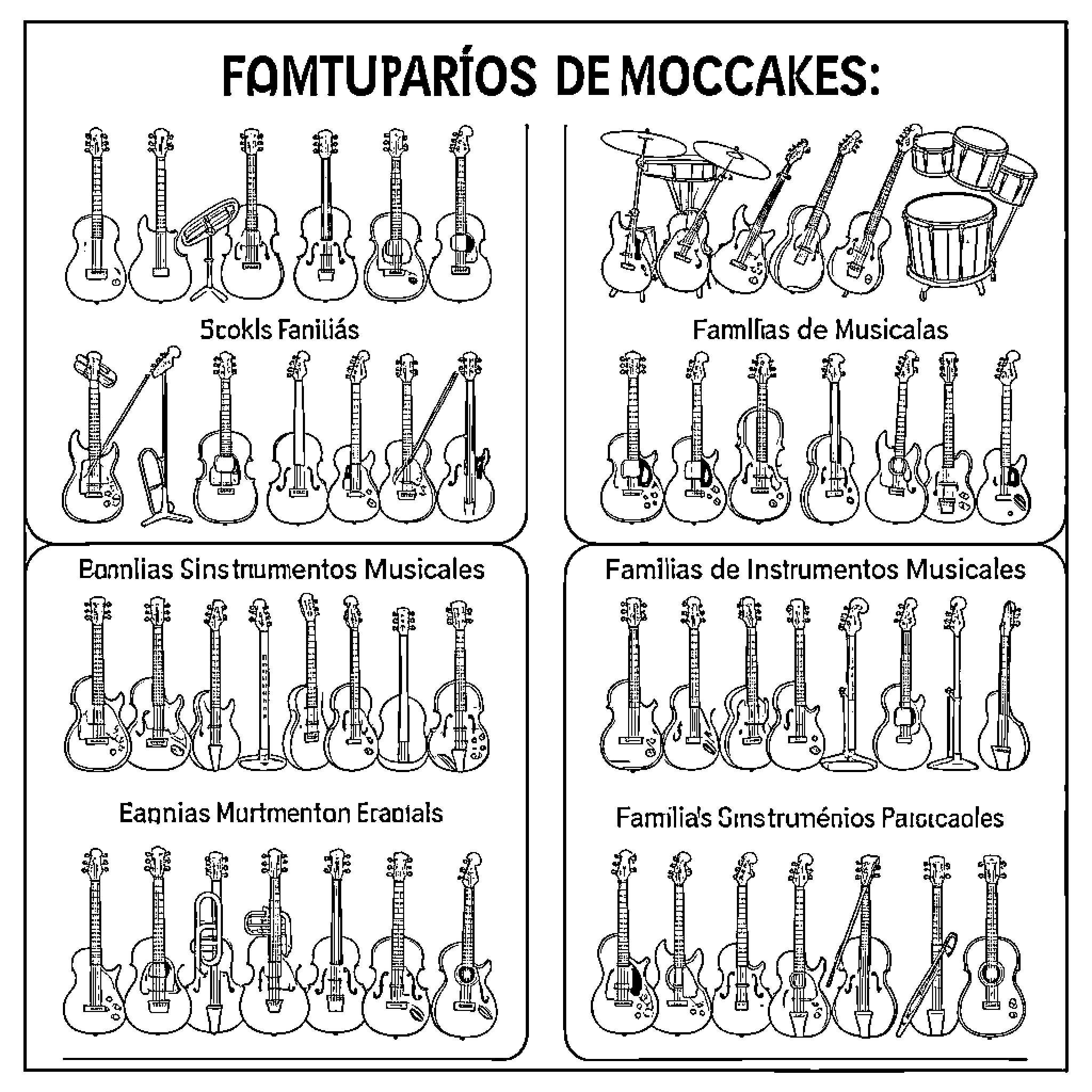 Instrument collections displayed in multiple organized rows Coloring Page (free black-and-white line drawing printable PDF for all, from beginners to advanced learners, including children, teens, adults, and seniors)