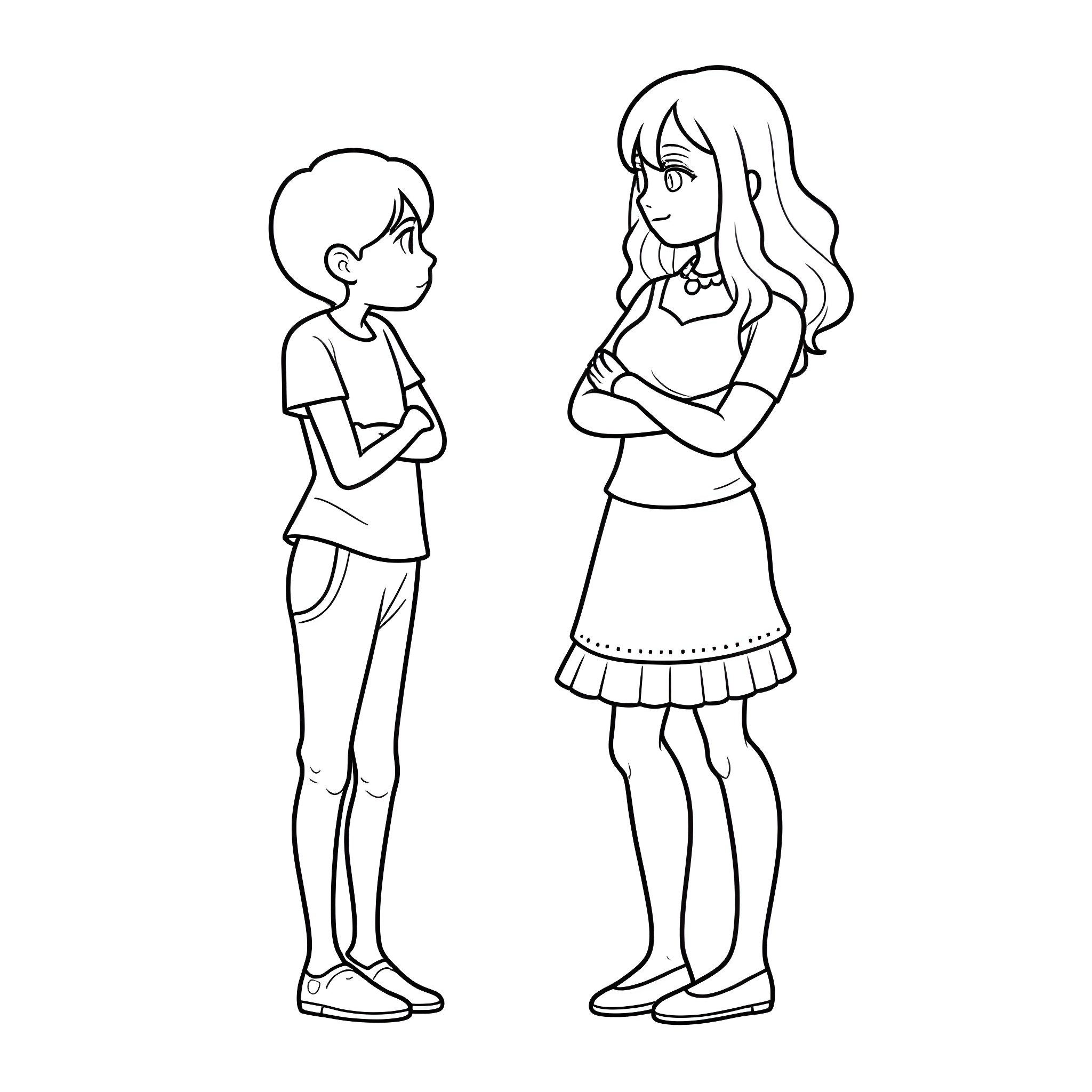 Girl and boy having a conversation Coloring Page (free black-and-white line drawing printable PDF for all, from beginners to advanced learners, including children, teens, adults, and seniors)