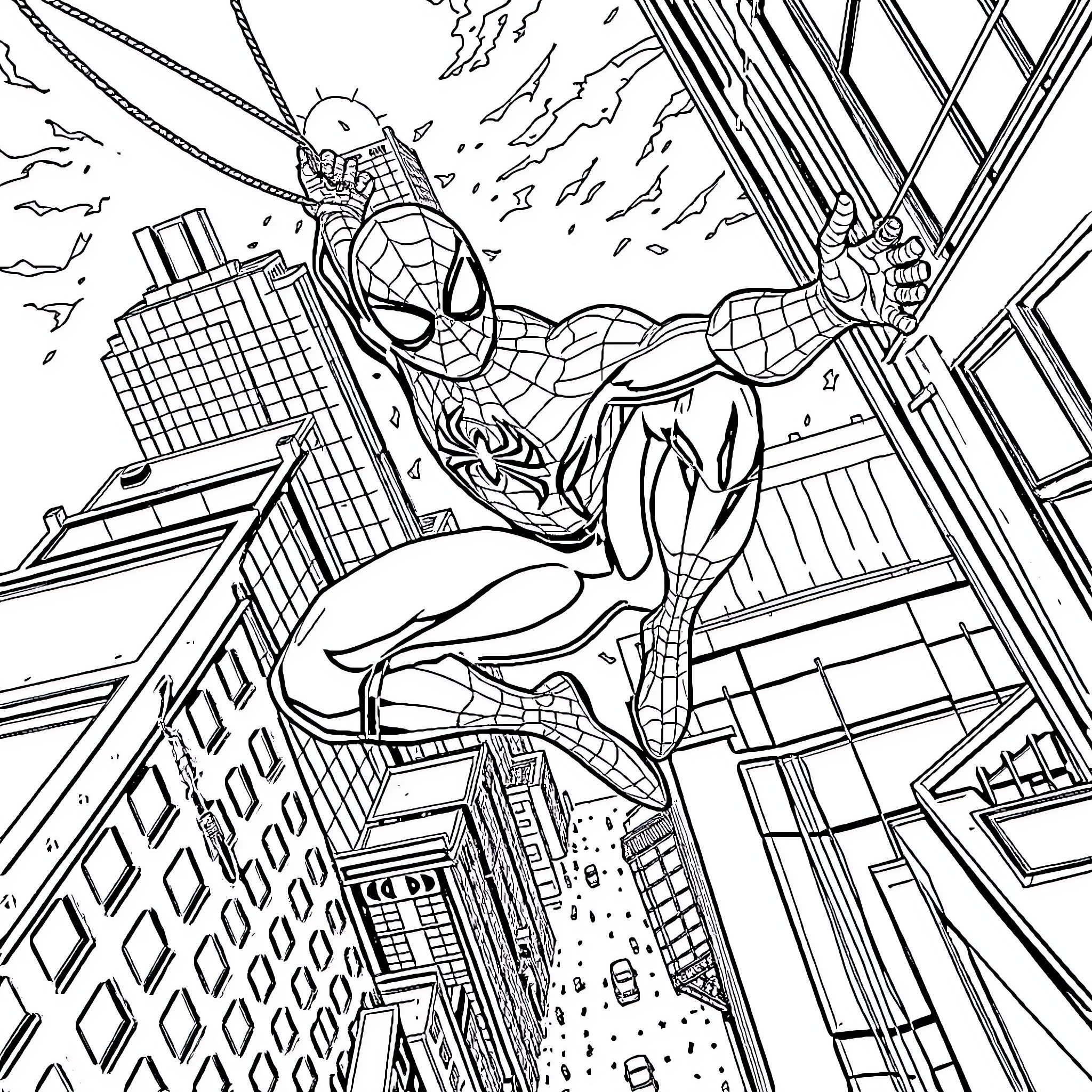Spider-Man swinging heroically through the city Coloring Page (free black-and-white line drawing printable PDF for all, from beginners to advanced learners, including children, teens, adults, and seniors)