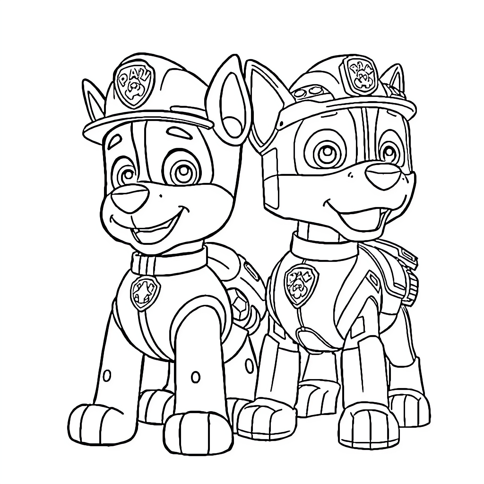 Paw Patrol Puppy Partners in Uniform Coloring Page (free black-and-white line drawing printable PDF for all, from beginners to advanced learners, including children, teens, adults, and seniors)