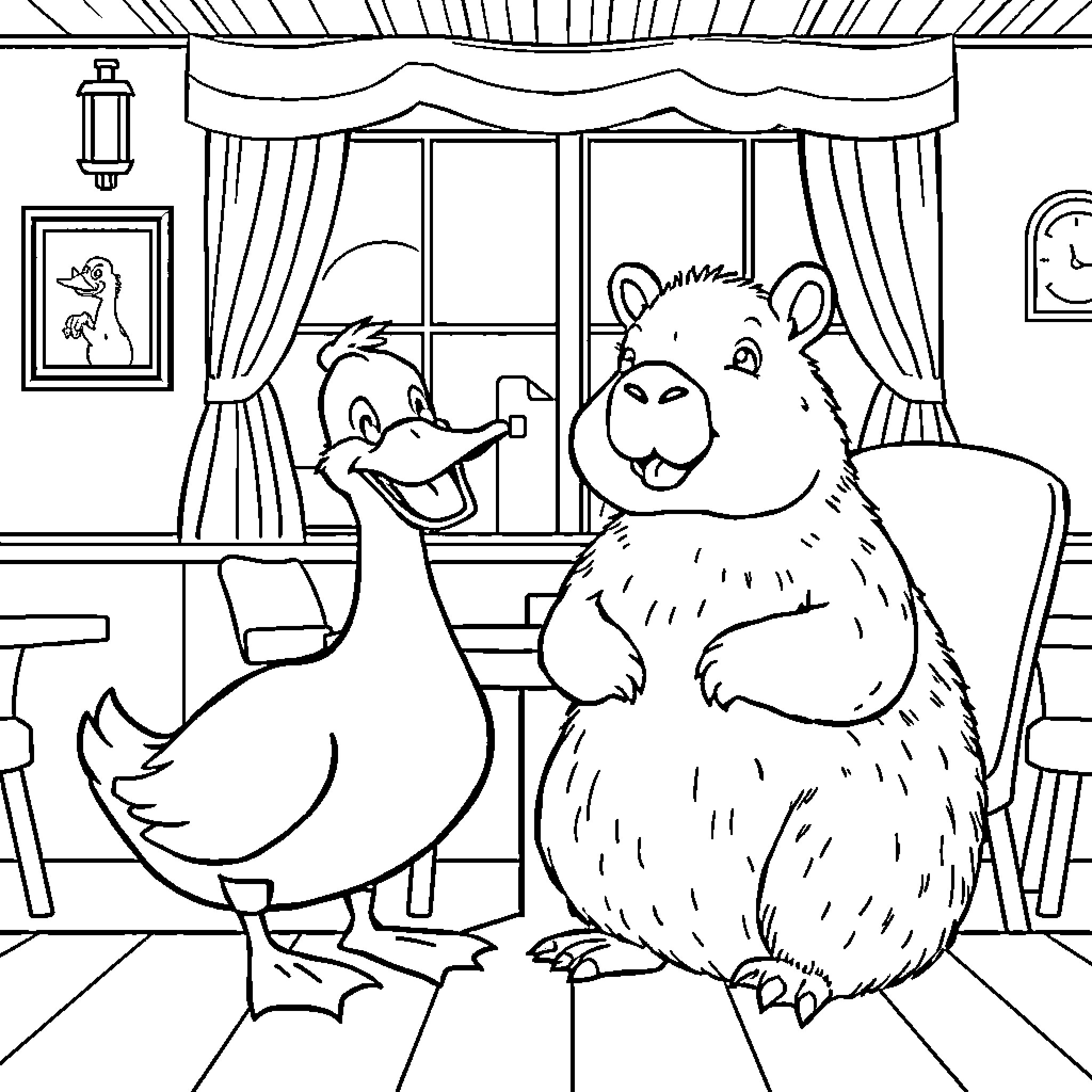 Duck and Bear Enjoying Cozy Room Coloring Page (free black-and-white line drawing printable PDF for all, from beginners to advanced learners, including children, teens, adults, and seniors)