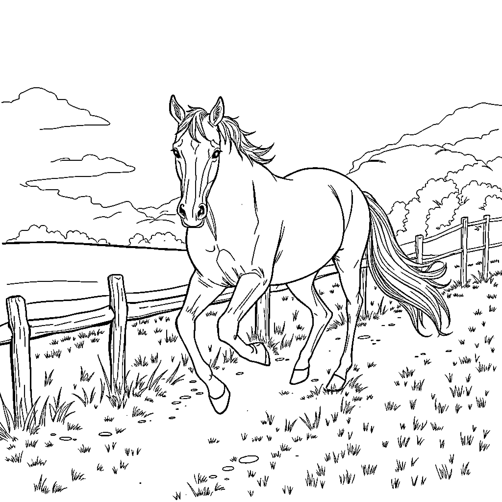 Saddlebred Horse trotting freely in a pastoral landscape Coloring Page (free black-and-white line drawing printable PDF for all, from beginners to advanced learners, including children, teens, adults, and seniors)
