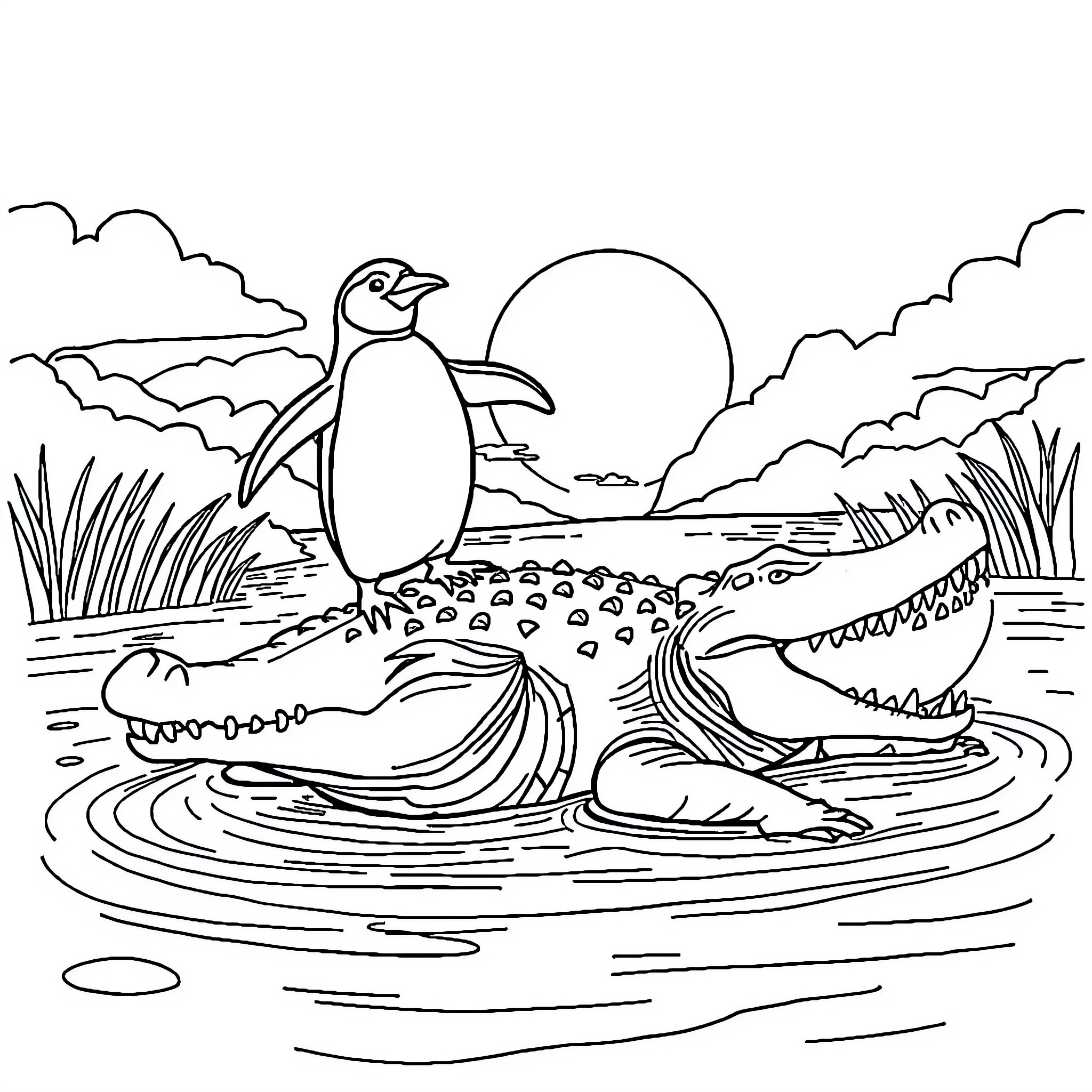 Penguin and crocodile in a serene pond Coloring Page (free black-and-white line drawing printable PDF for all, from beginners to advanced learners, including children, teens, adults, and seniors)