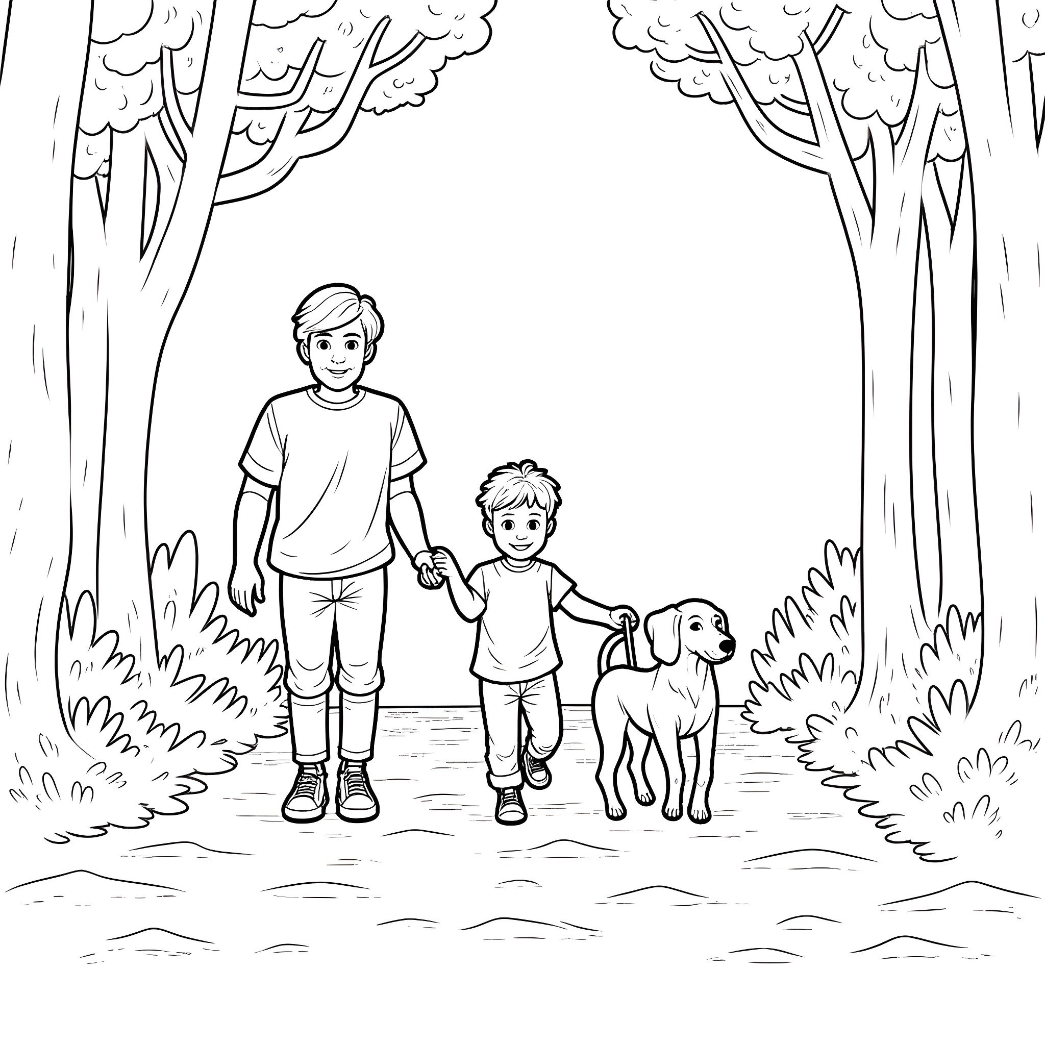 Man and boy walking with dog in the forest Coloring Page (free black-and-white line drawing printable PDF for all, from beginners to advanced learners, including children, teens, adults, and seniors)