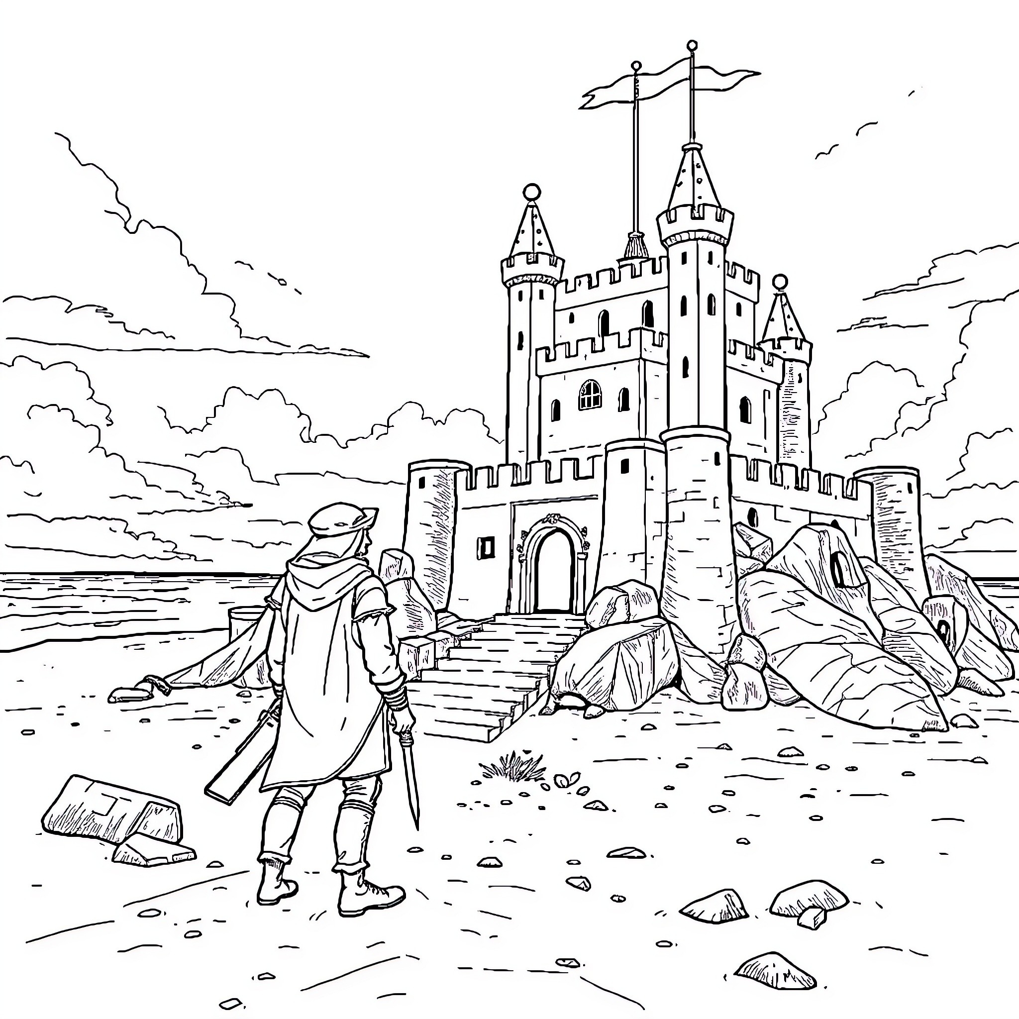 Castle with Travelers in Front of Majestic Fortress Coloring Page (free black-and-white line drawing printable PDF for all, from beginners to advanced learners, including children, teens, adults, and seniors)