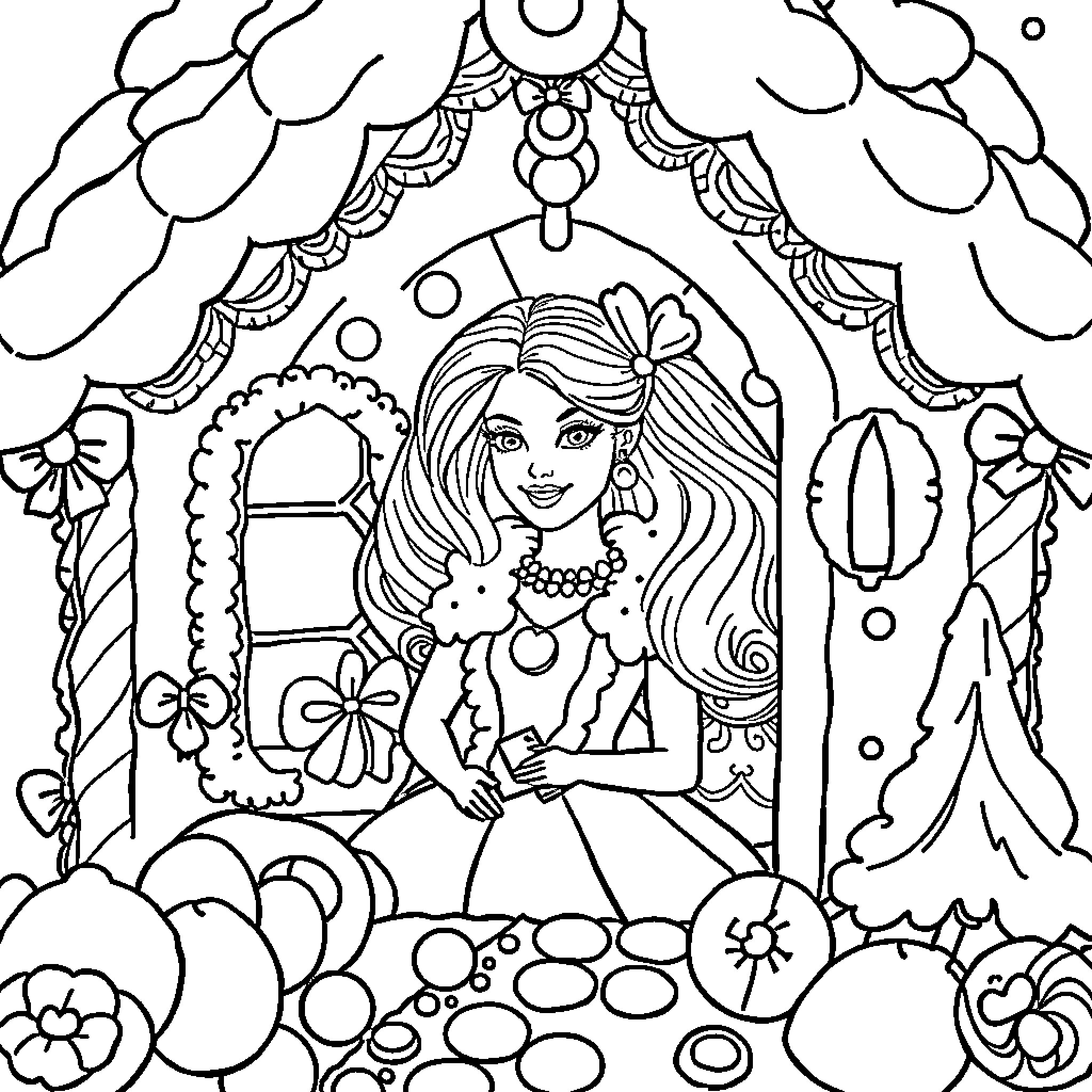 Barbie relaxing in a whimsical garden scene Coloring Page (free black-and-white line drawing printable PDF for all, from beginners to advanced learners, including children, teens, adults, and seniors)
