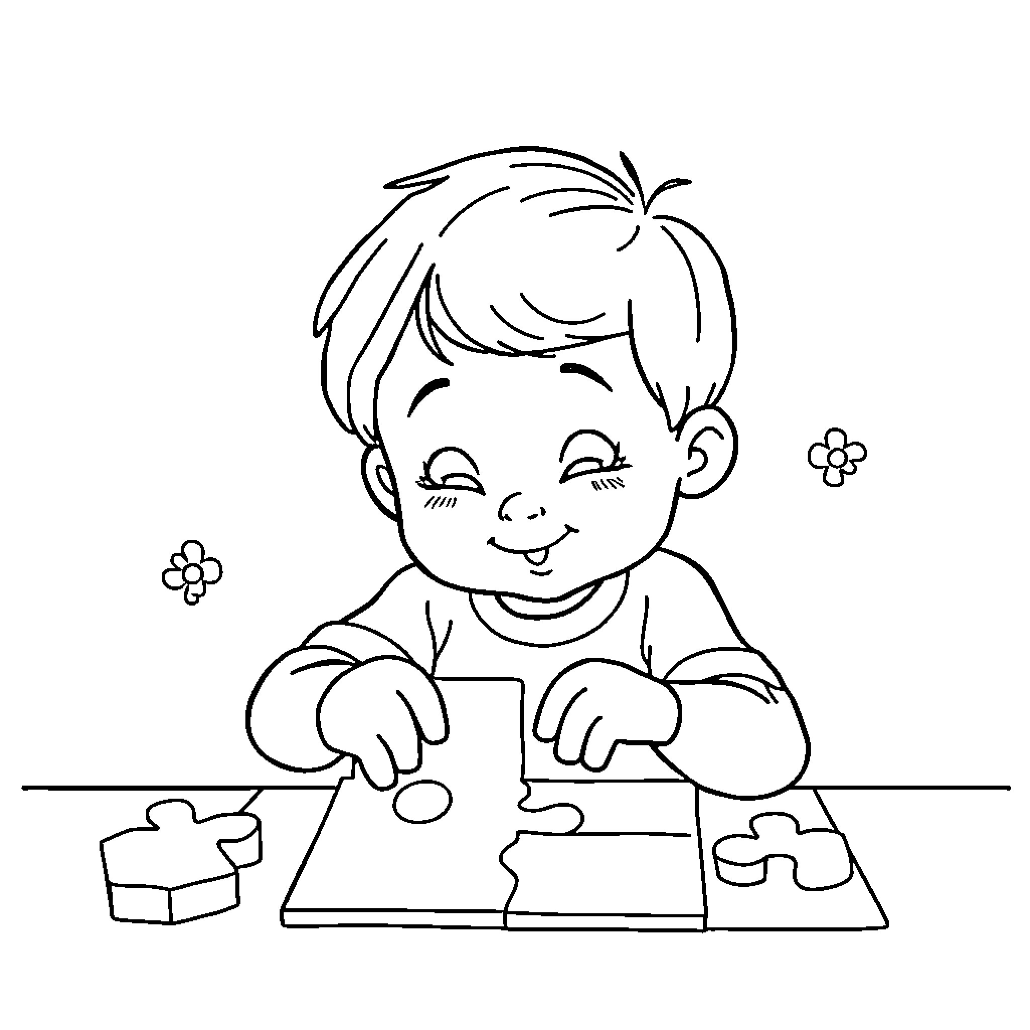Perseverance of a young boy solving puzzles Coloring Page (free black-and-white line drawing printable PDF for all, from beginners to advanced learners, including children, teens, adults, and seniors)
