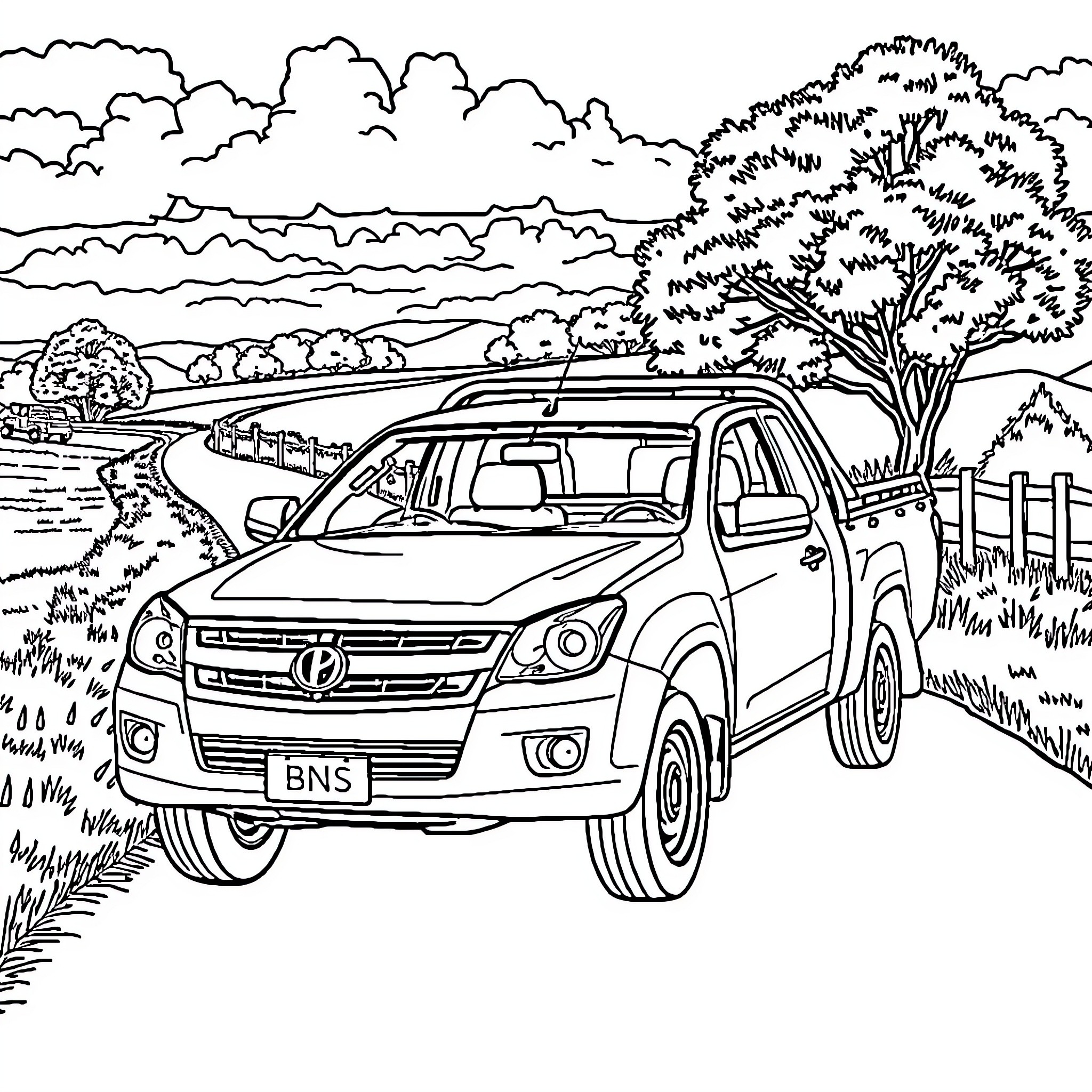 Ute parked near scenic countryside landscape Coloring Page (free black-and-white line drawing printable PDF for all, from beginners to advanced learners, including children, teens, adults, and seniors)