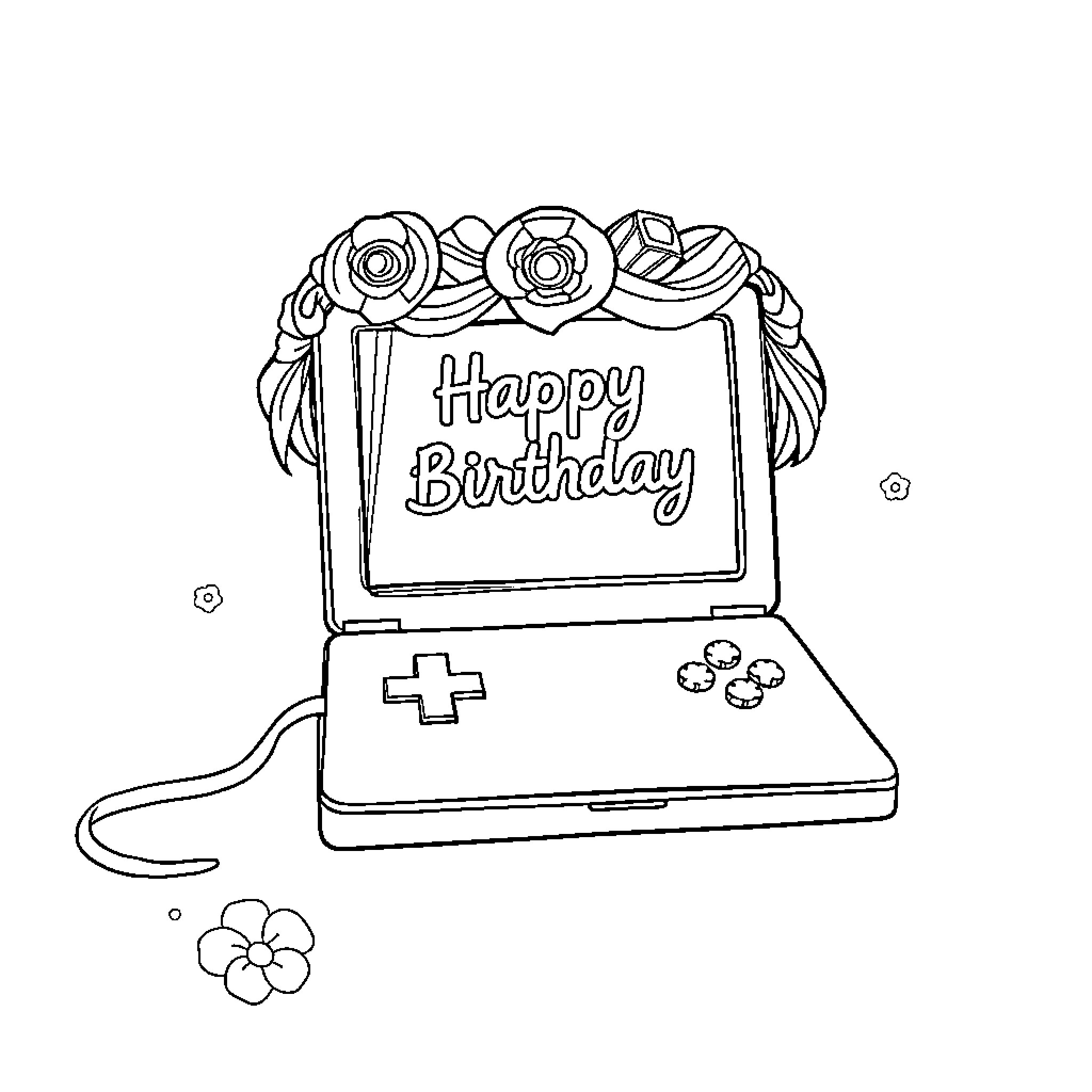 Laptop with flowers and birthday message Coloring Page (free black-and-white line drawing printable PDF for all, from beginners to advanced learners, including children, teens, adults, and seniors)