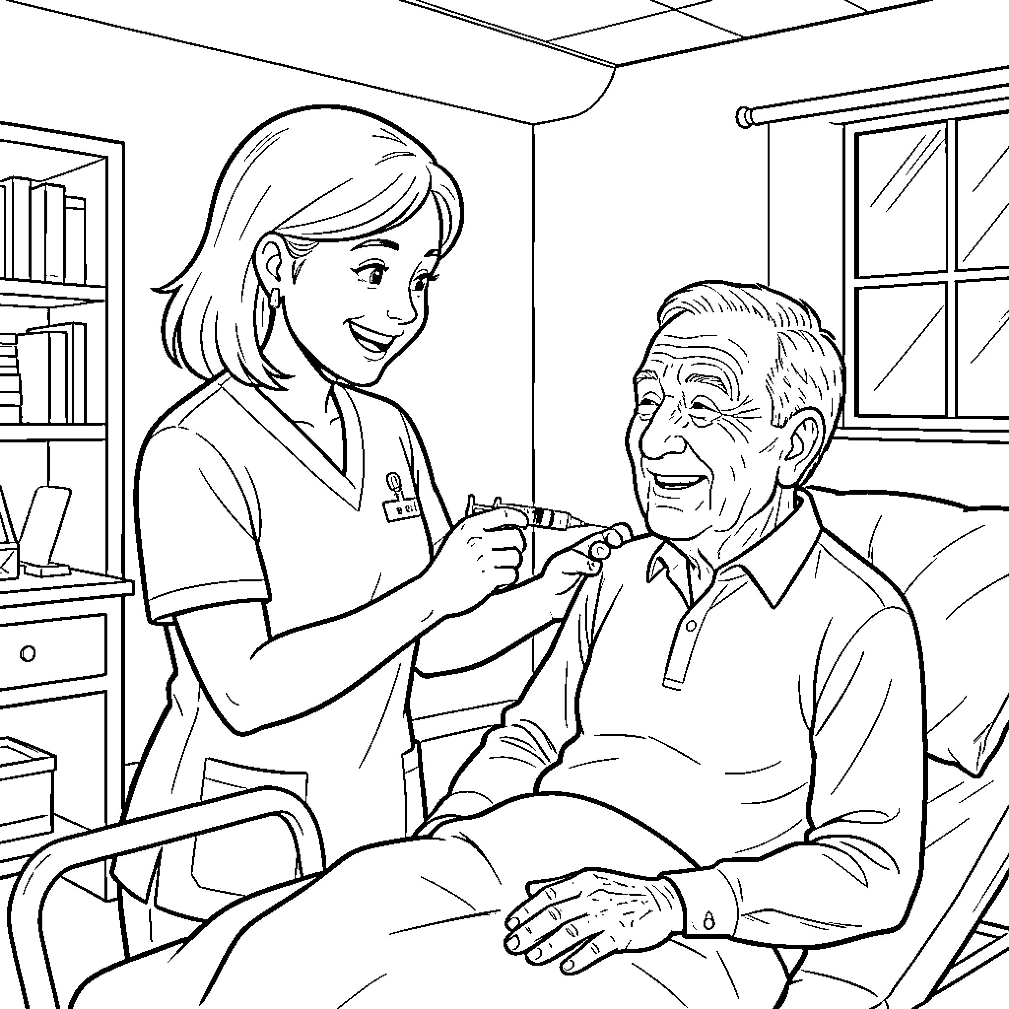 Nurse assisting elderly patient in a medical setting Coloring Page (free black-and-white line drawing printable PDF for all, from beginners to advanced learners, including children, teens, adults, and seniors)