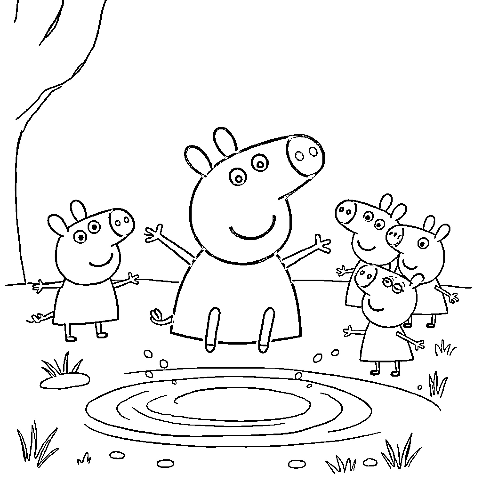 Peppa Pig and family playing outdoors Coloring Page (free black-and-white line drawing printable PDF for all, from beginners to advanced learners, including children, teens, adults, and seniors)