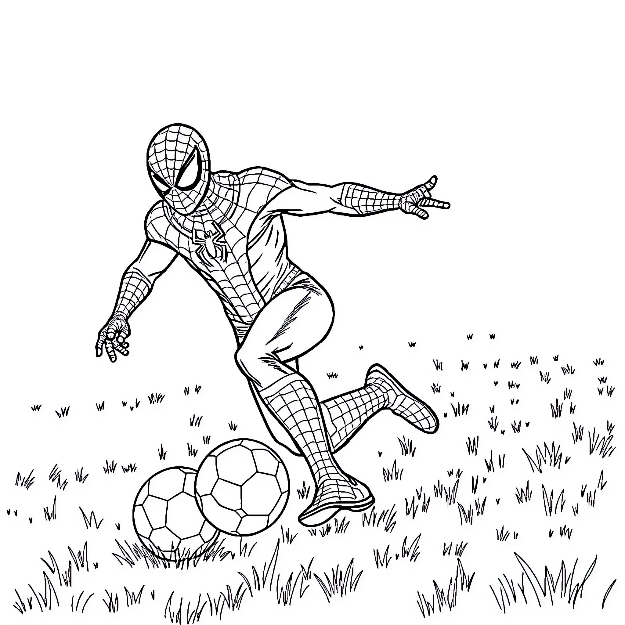 Spiderman playing soccer in the grass Coloring Page (free black-and-white line drawing printable PDF for all, from beginners to advanced learners, including children, teens, adults, and seniors)