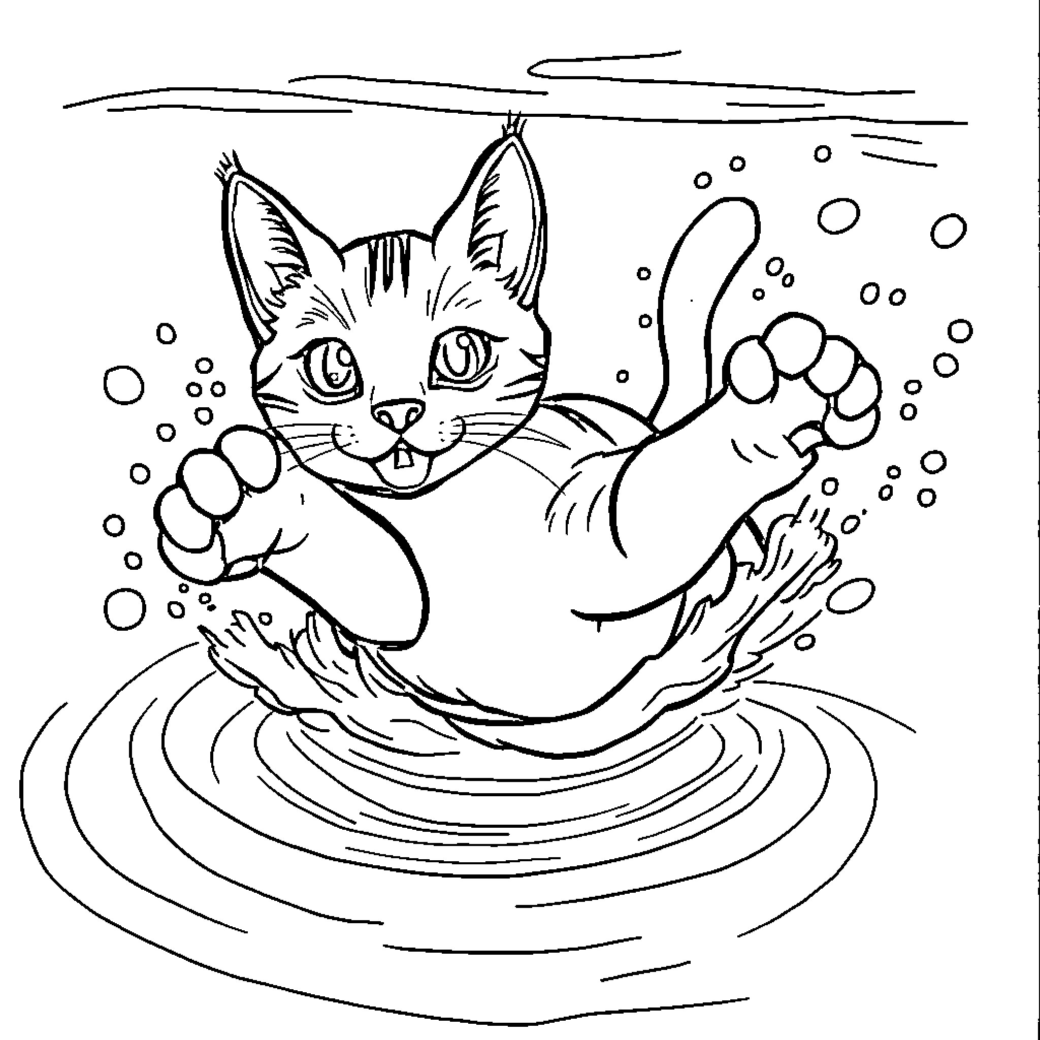 Cat splashing in water Coloring Page (free black-and-white line drawing printable PDF for all, from beginners to advanced learners, including children, teens, adults, and seniors)