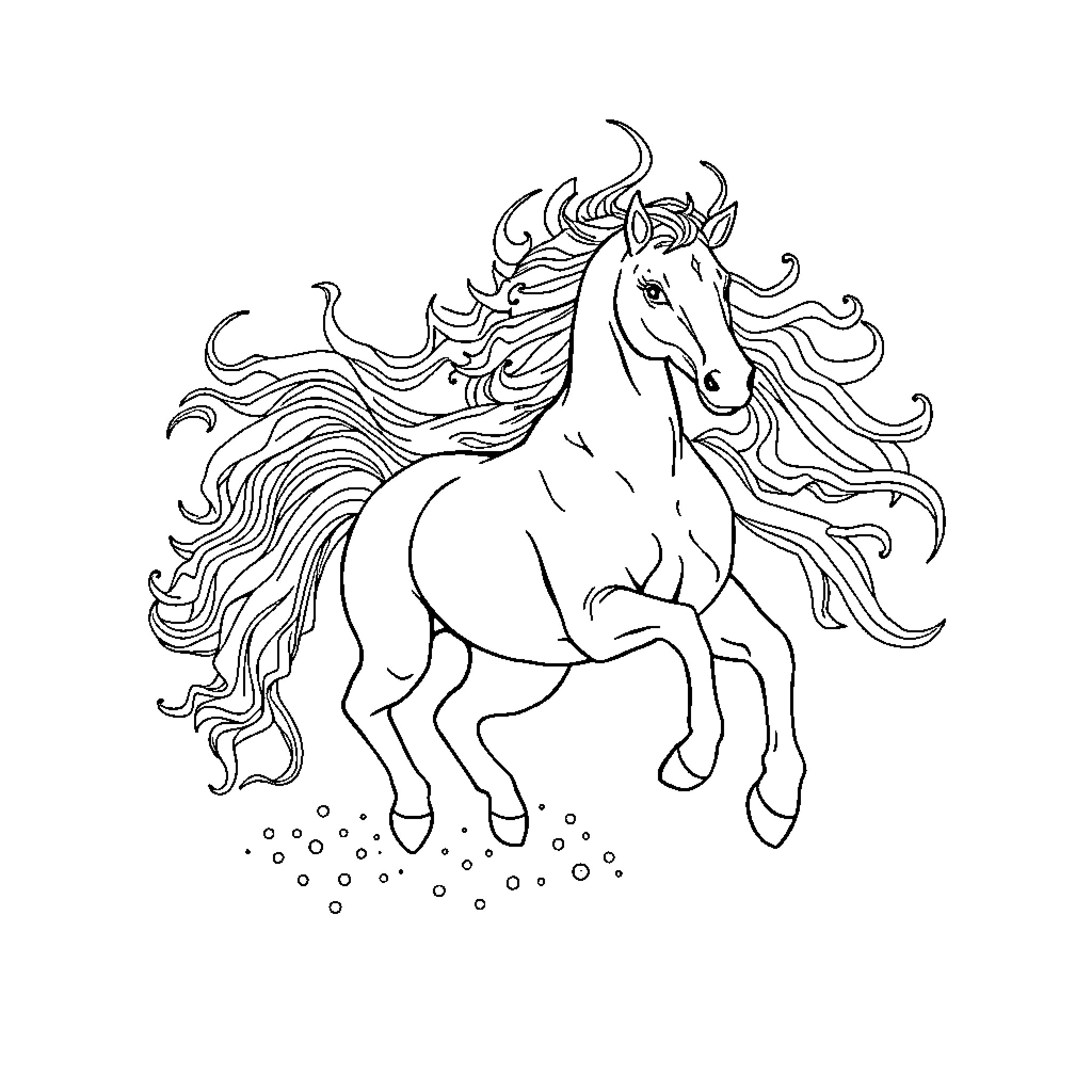 Fire Horse in Spirited Gallop Coloring Page (free black-and-white line drawing printable PDF for all, from beginners to advanced learners, including children, teens, adults, and seniors)