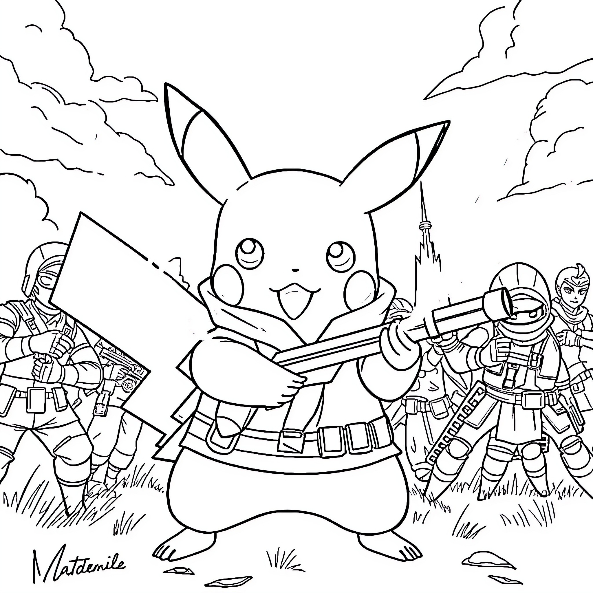 Pikachu leads a Pokémon adventure with battle-ready trainers Coloring Page (free black-and-white line drawing printable PDF for all, from beginners to advanced learners, including children, teens, adults, and seniors)