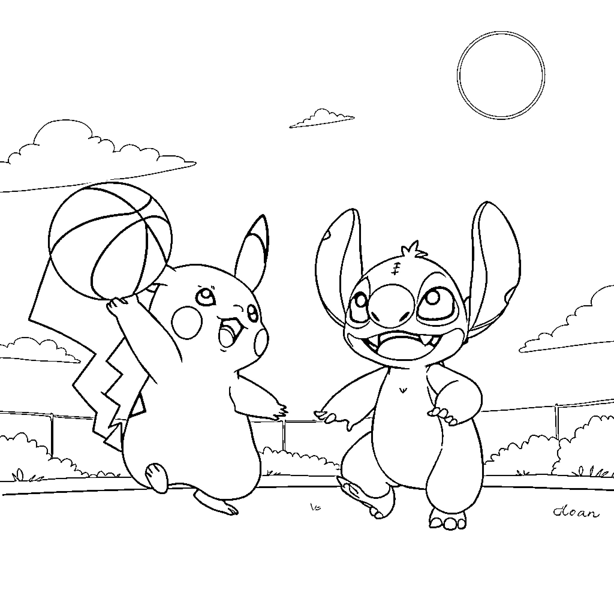 Pikachu and Stitch playing with a ball in the park Coloring Page (free black-and-white line drawing printable PDF for all, from beginners to advanced learners, including children, teens, adults, and seniors)
