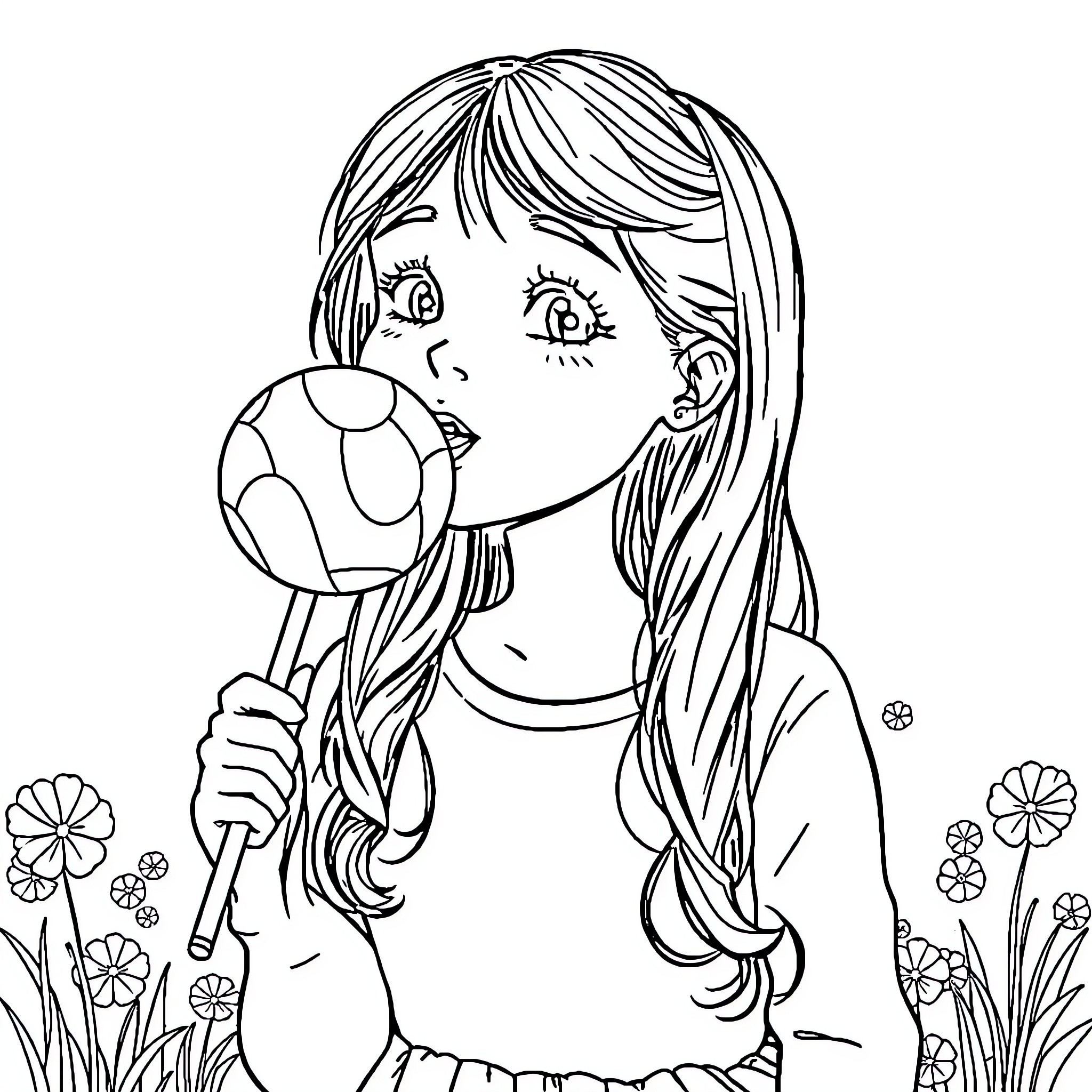 Girl blowing dandelion in flower field Coloring Page (free black-and-white line drawing printable PDF for all, from beginners to advanced learners, including children, teens, adults, and seniors)