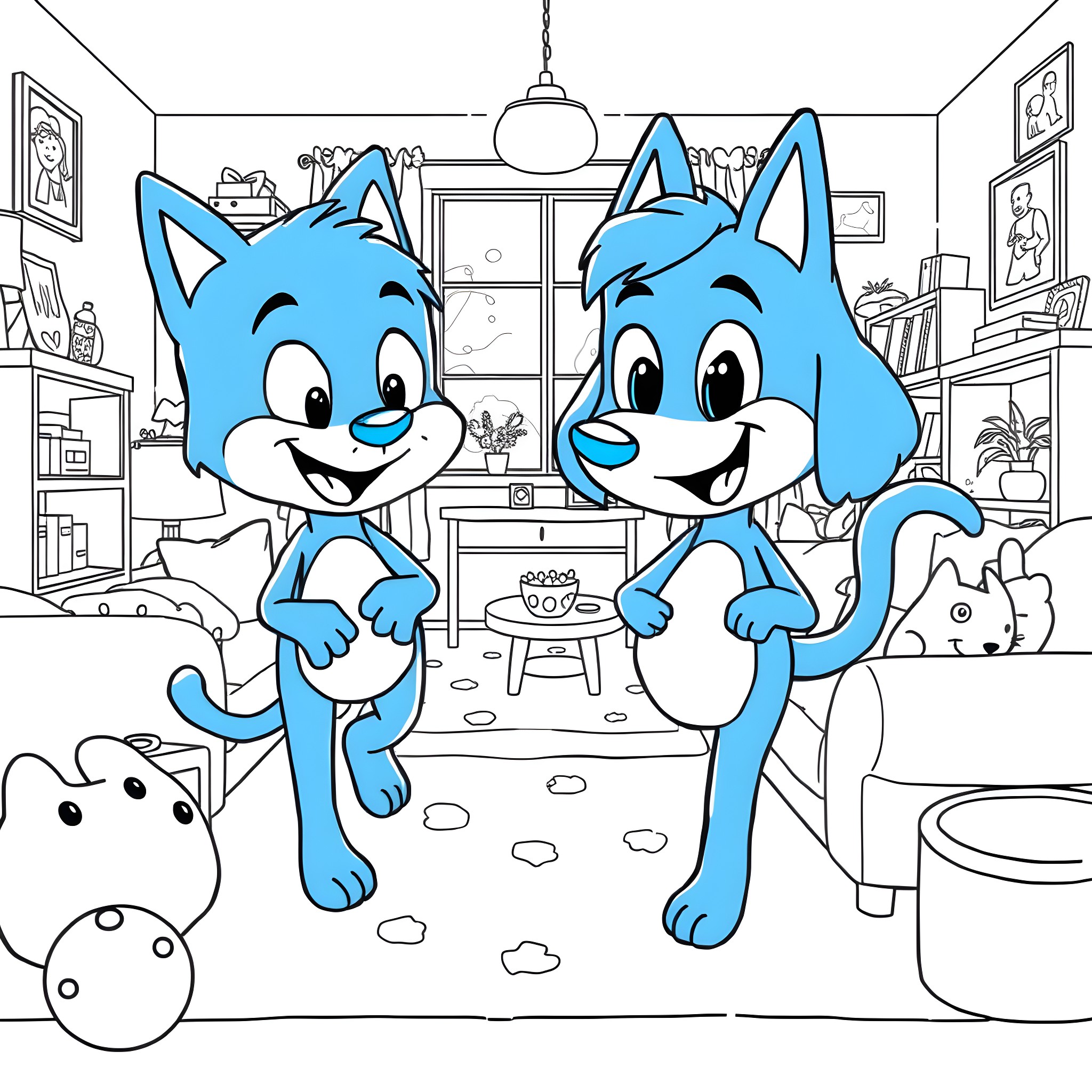 Bluey and Bingo Playing Happily in Their Home Coloring Page (free black-and-white line drawing printable PDF for all, from beginners to advanced learners, including children, teens, adults, and seniors)