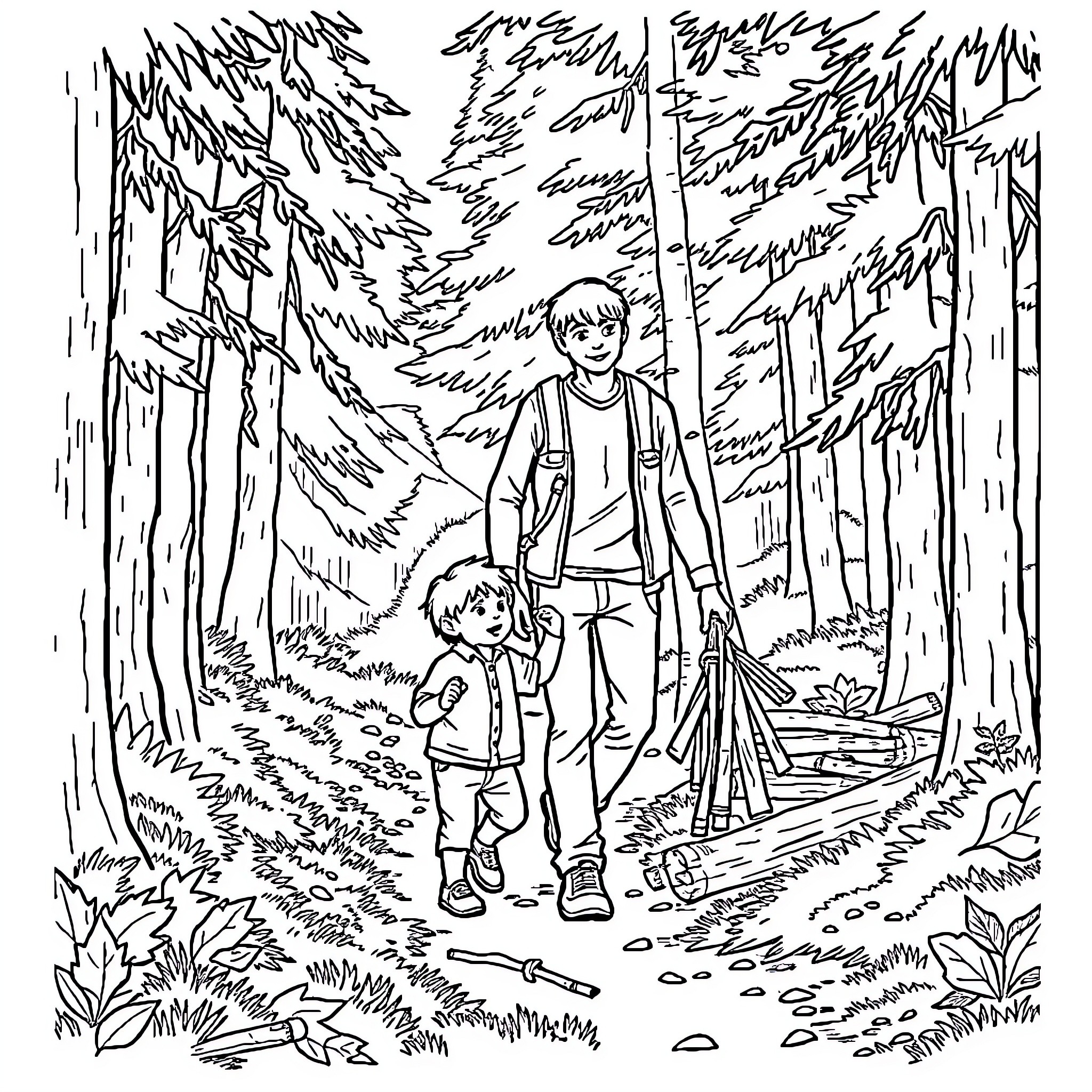 Dad and child hiking through the forest Coloring Page (free black-and-white line drawing printable PDF for all, from beginners to advanced learners, including children, teens, adults, and seniors)