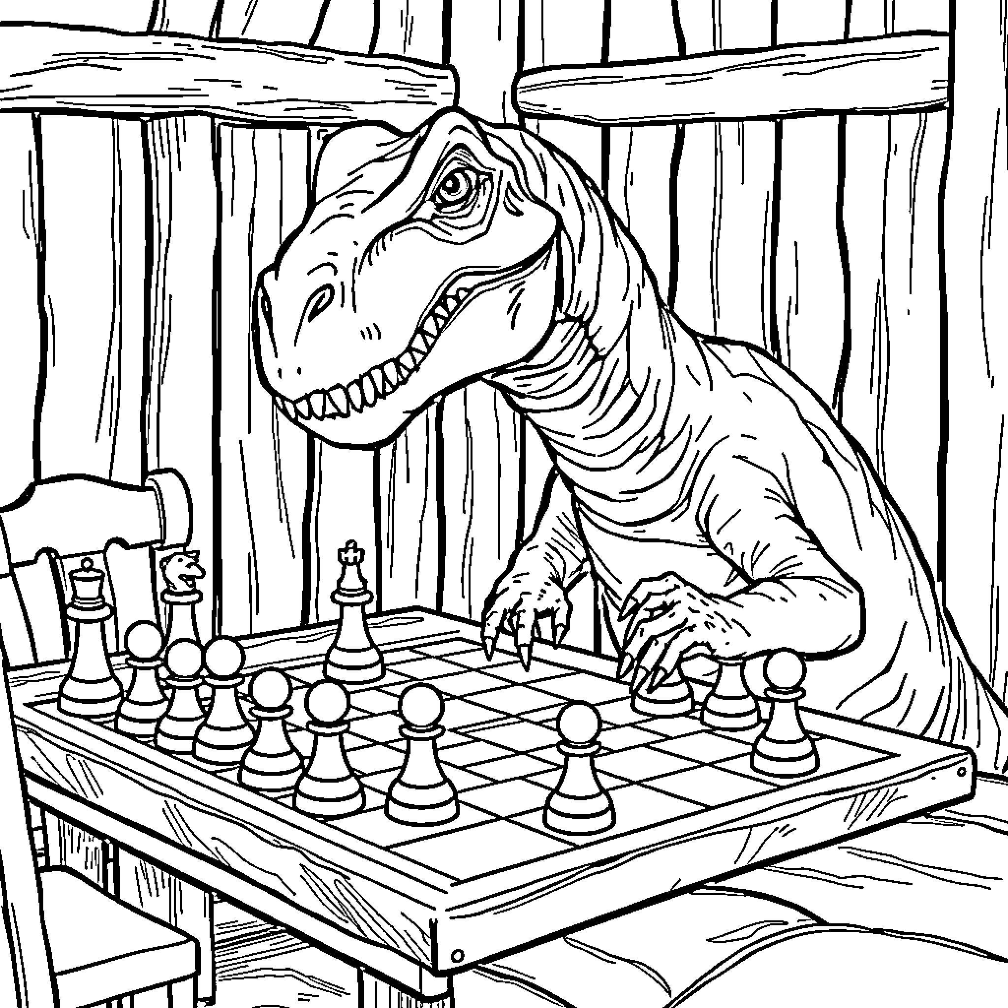 Dinosaur playing chess in the cabin Coloring Page (free black-and-white line drawing printable PDF for all, from beginners to advanced learners, including children, teens, adults, and seniors)