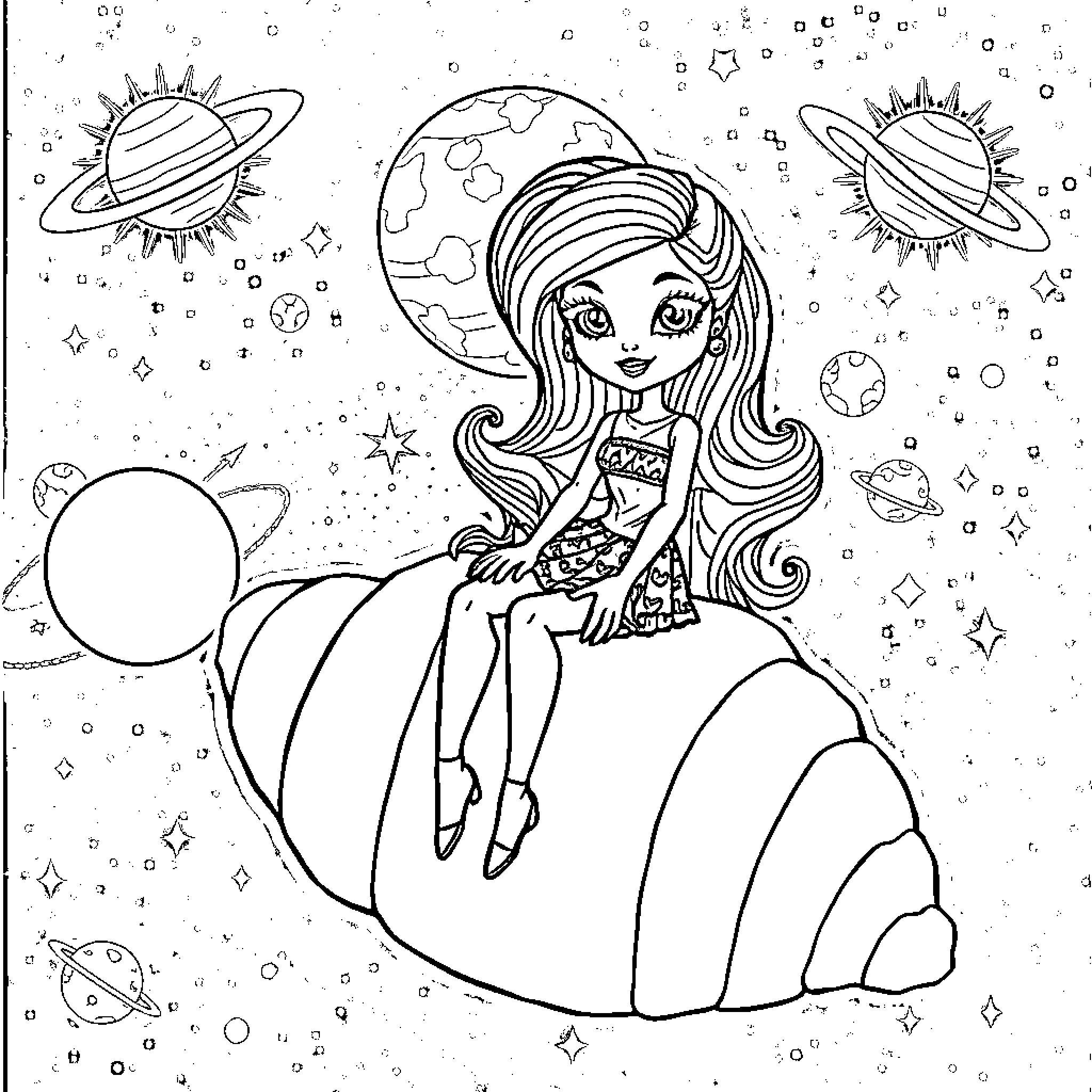 Bratz Doll explores whimsical outer space adventure Coloring Page (free black-and-white line drawing printable PDF for all, from beginners to advanced learners, including children, teens, adults, and seniors)