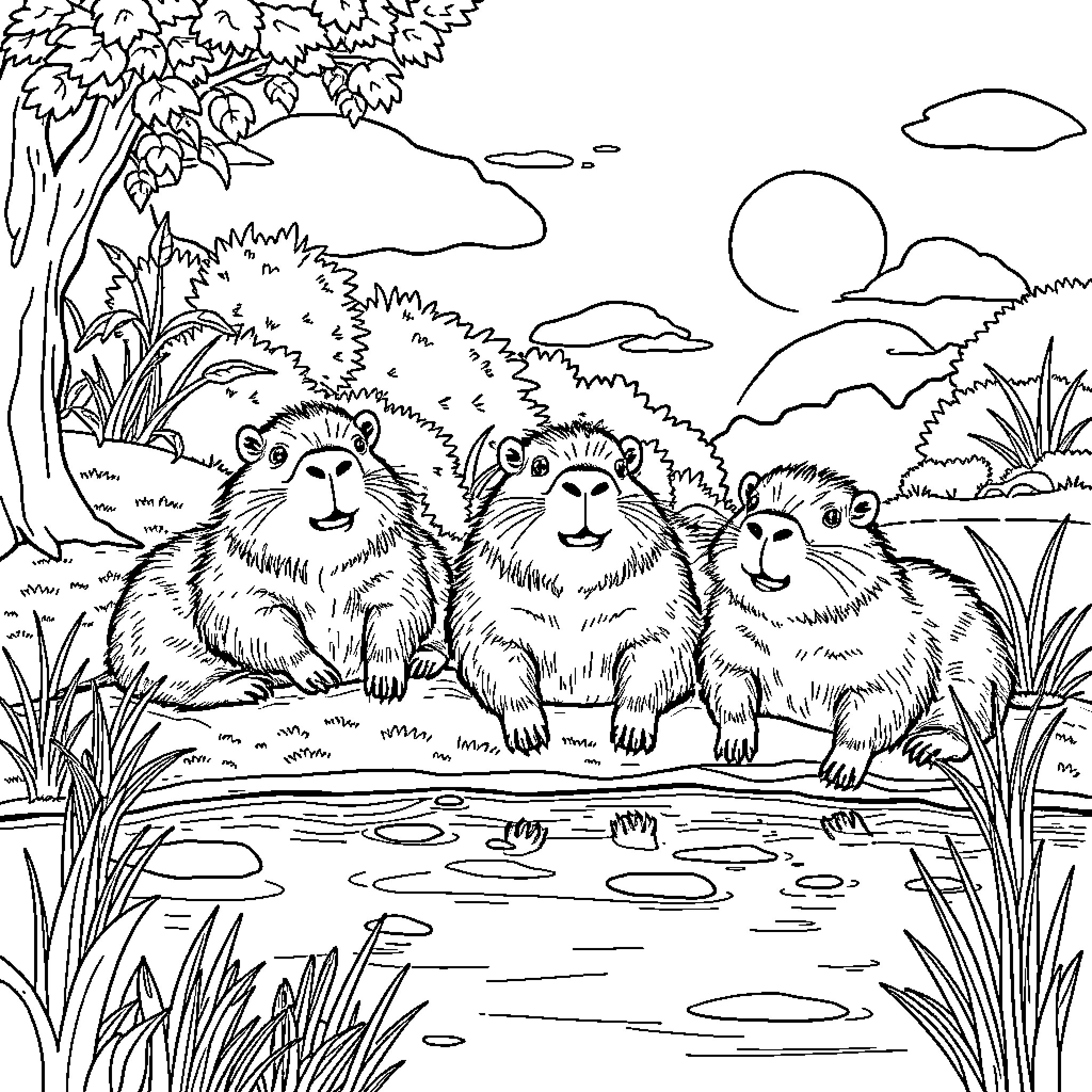 Capybaras enjoying a tranquil pond in the wilderness Coloring Page (free black-and-white line drawing printable PDF for all, from beginners to advanced learners, including children, teens, adults, and seniors)