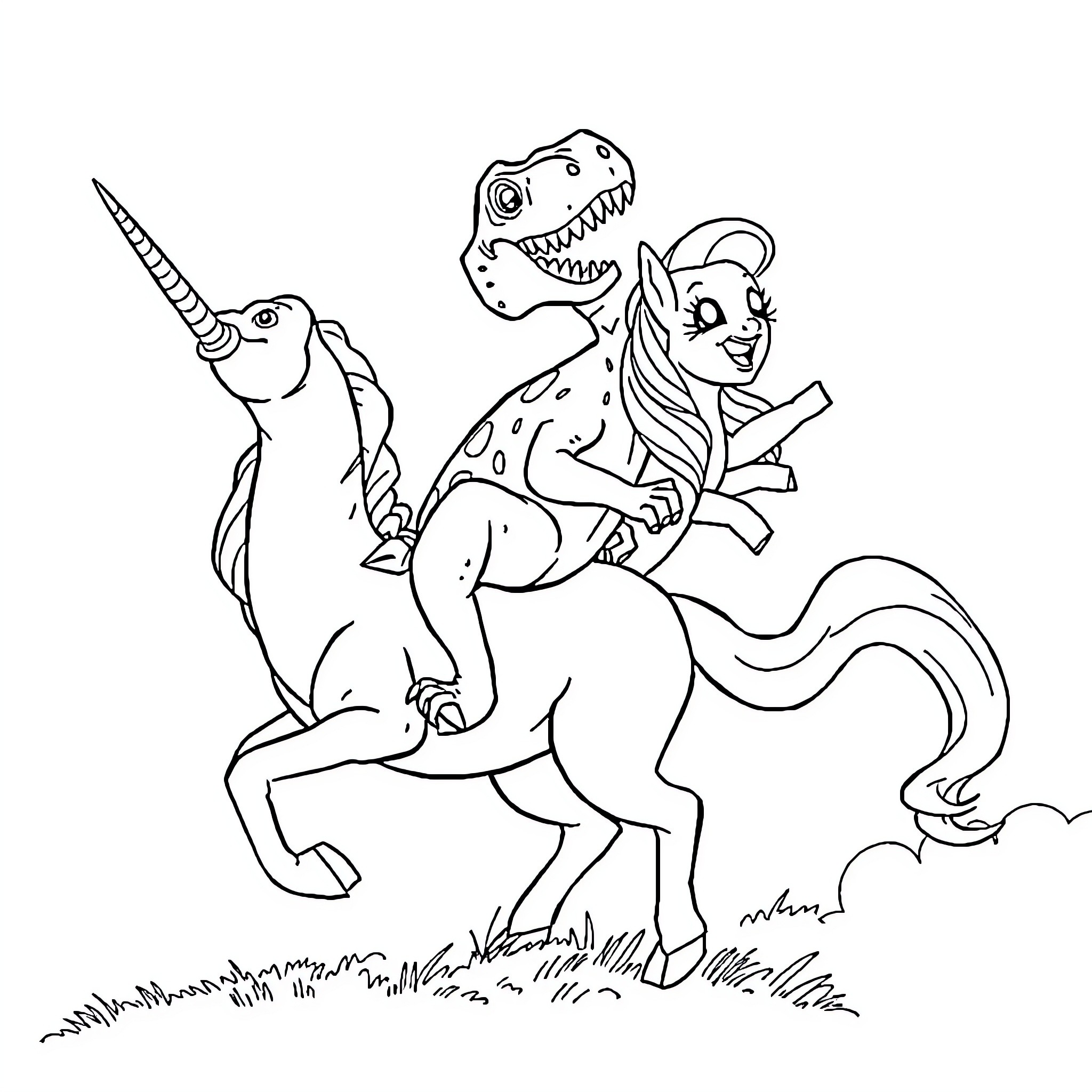 T-Rex Unicorn and Human Riding Through the Grasslands Coloring Page (free black-and-white line drawing printable PDF for all, from beginners to advanced learners, including children, teens, adults, and seniors)