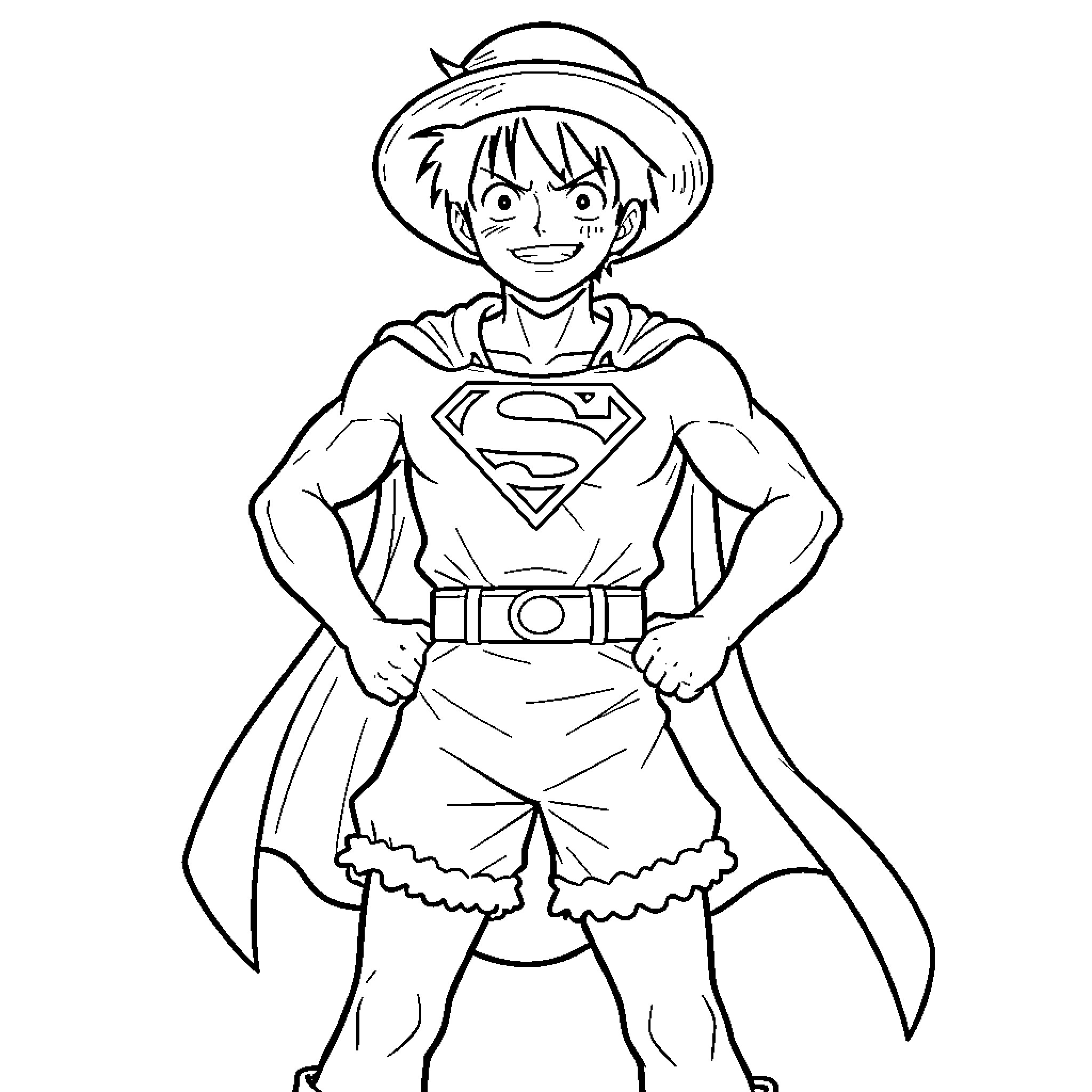 Luffy wearing a superhero cape and smiling confidently Coloring Page (free black-and-white line drawing printable PDF for all, from beginners to advanced learners, including children, teens, adults, and seniors)