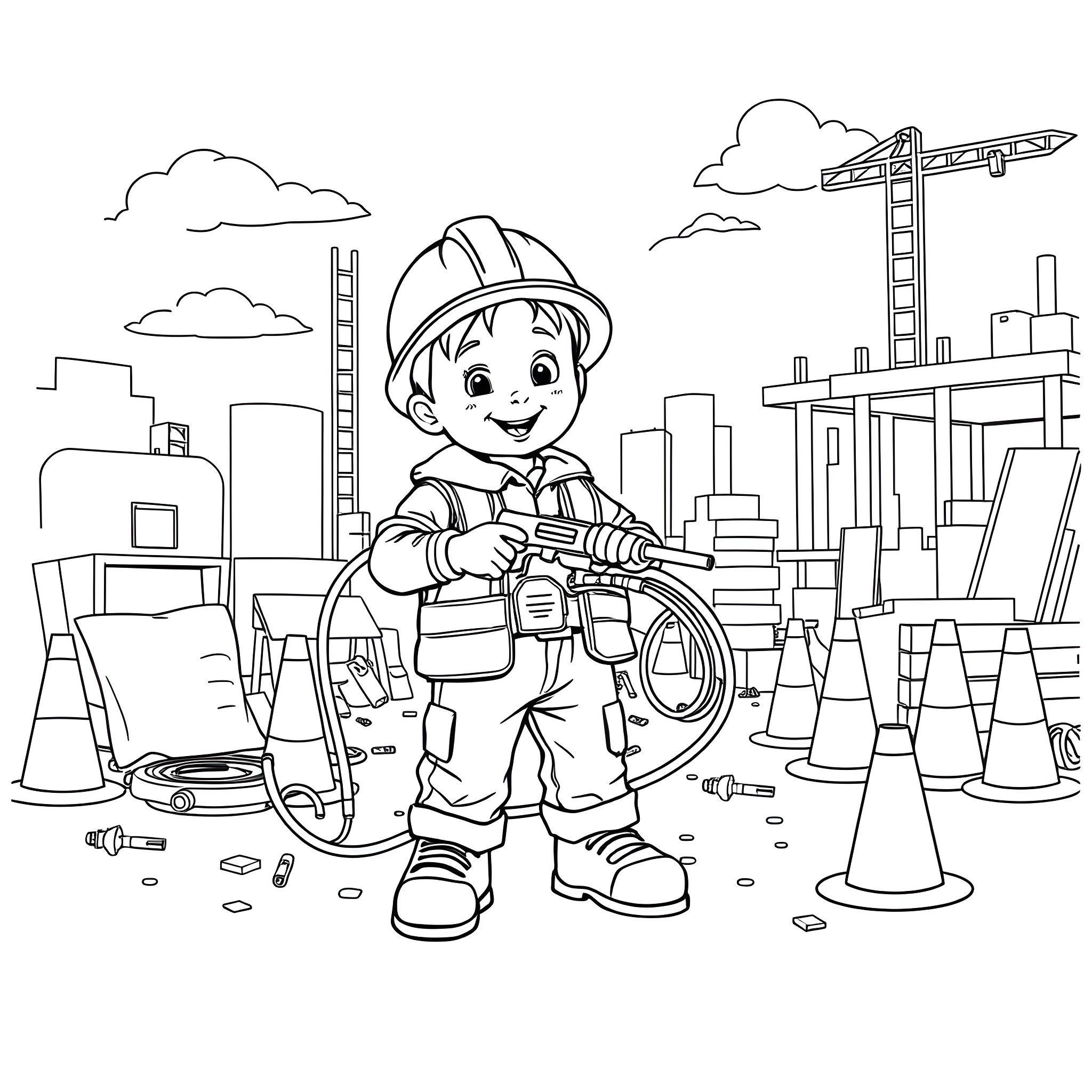 Toddler construction worker on the job site Coloring Page (free black-and-white line drawing printable PDF for all, from beginners to advanced learners, including children, teens, adults, and seniors)