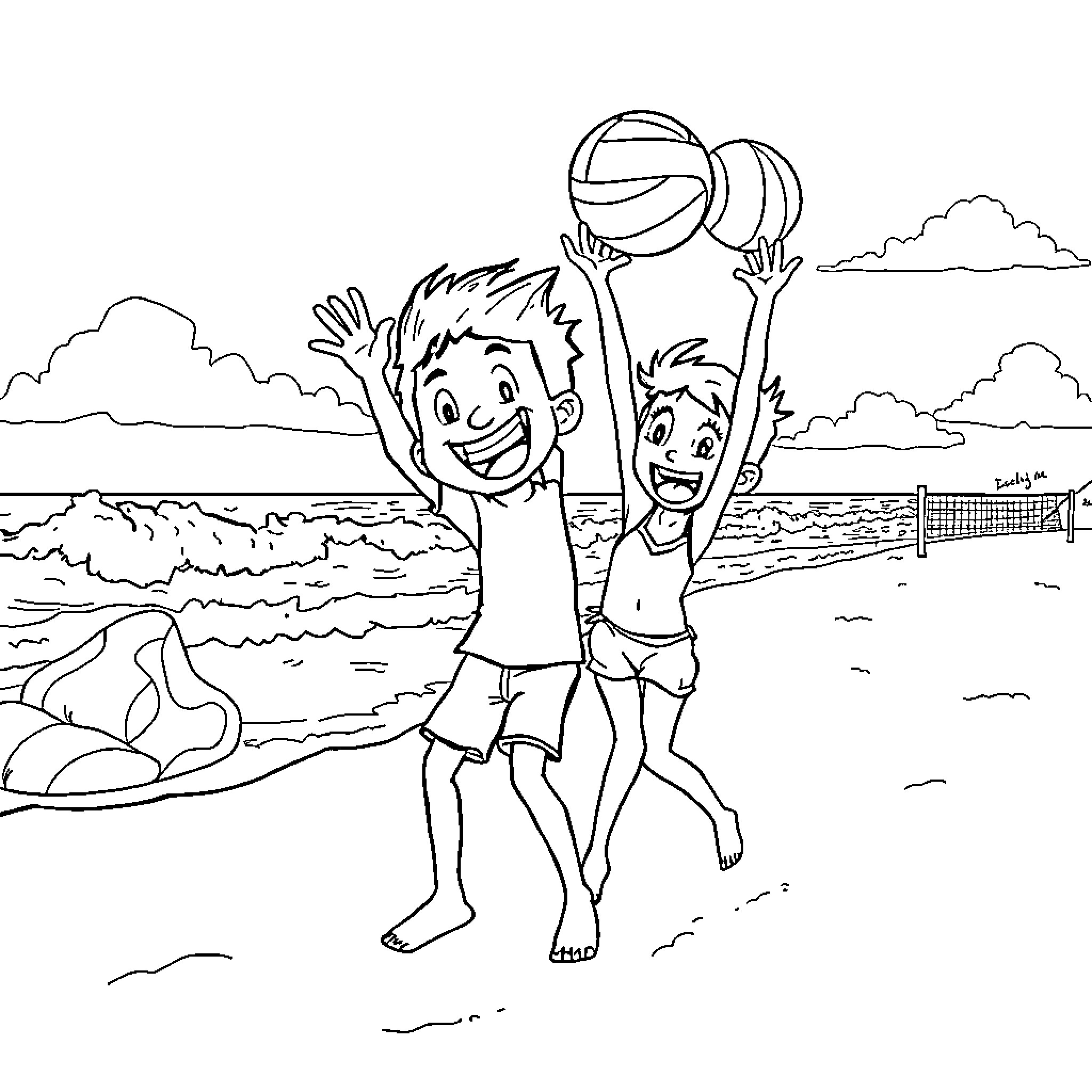 Deku Playing Beach Ball with Friends Coloring Page (free black-and-white line drawing printable PDF for all, from beginners to advanced learners, including children, teens, adults, and seniors)