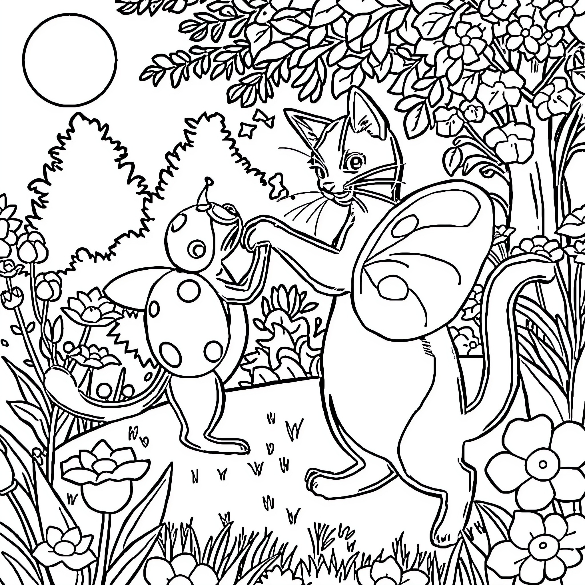 Ladybug and Friendly Forest Creatures Coloring Page (free black-and-white line drawing printable PDF for all, from beginners to advanced learners, including children, teens, adults, and seniors)
